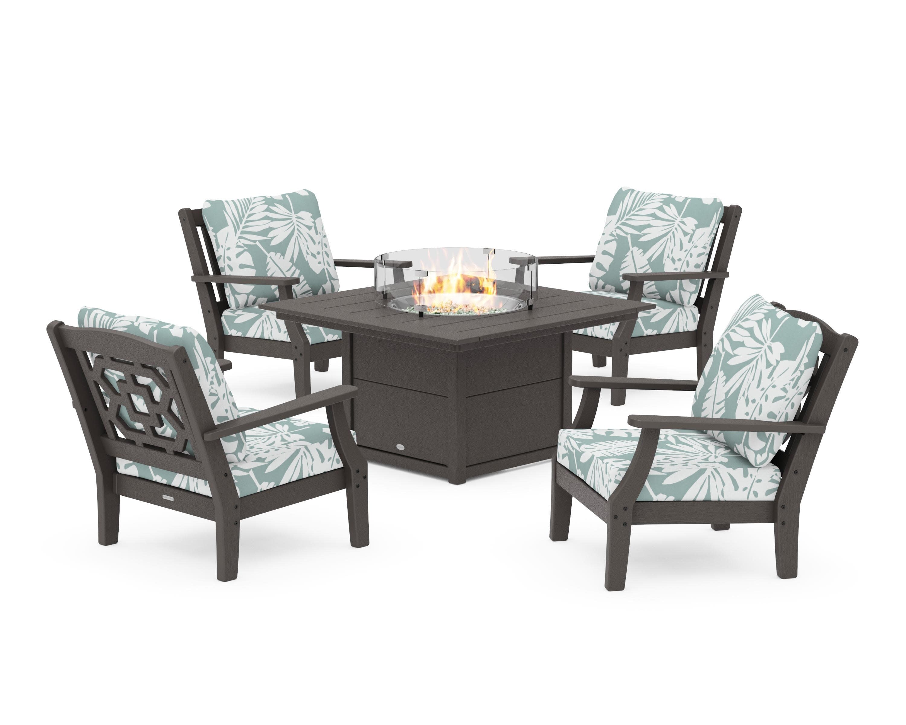 Chinoiserie 5-Piece Deep Seating Set with Fire Pit Table in Vintage Coffee / Leaf Glacier Spa