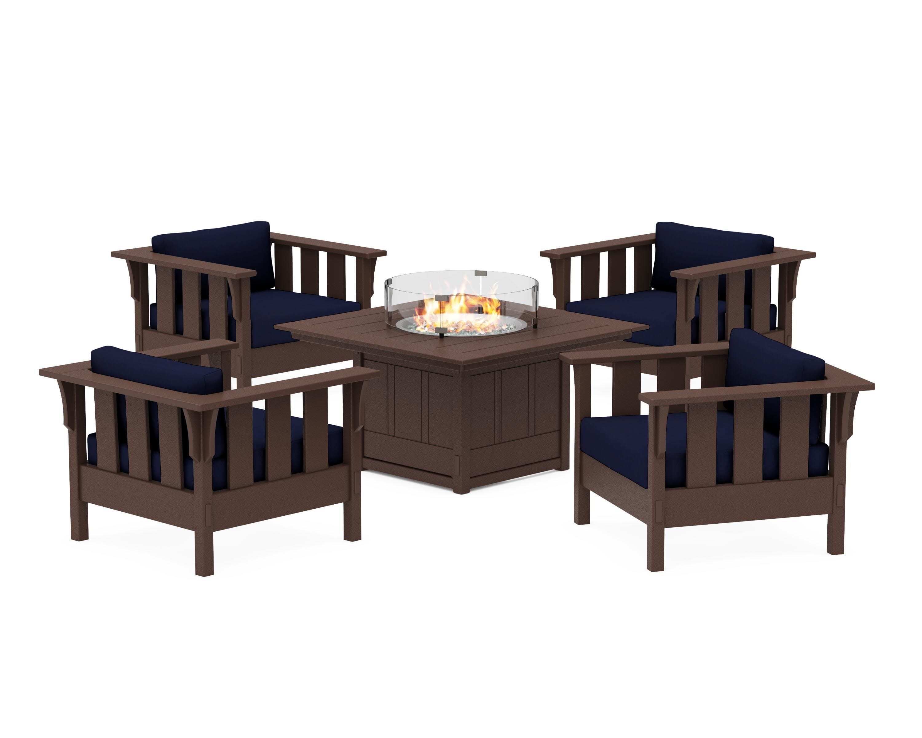 Acadia 5-Piece Deep Seating Set with Fire Pit Table in Mahogany / Navy