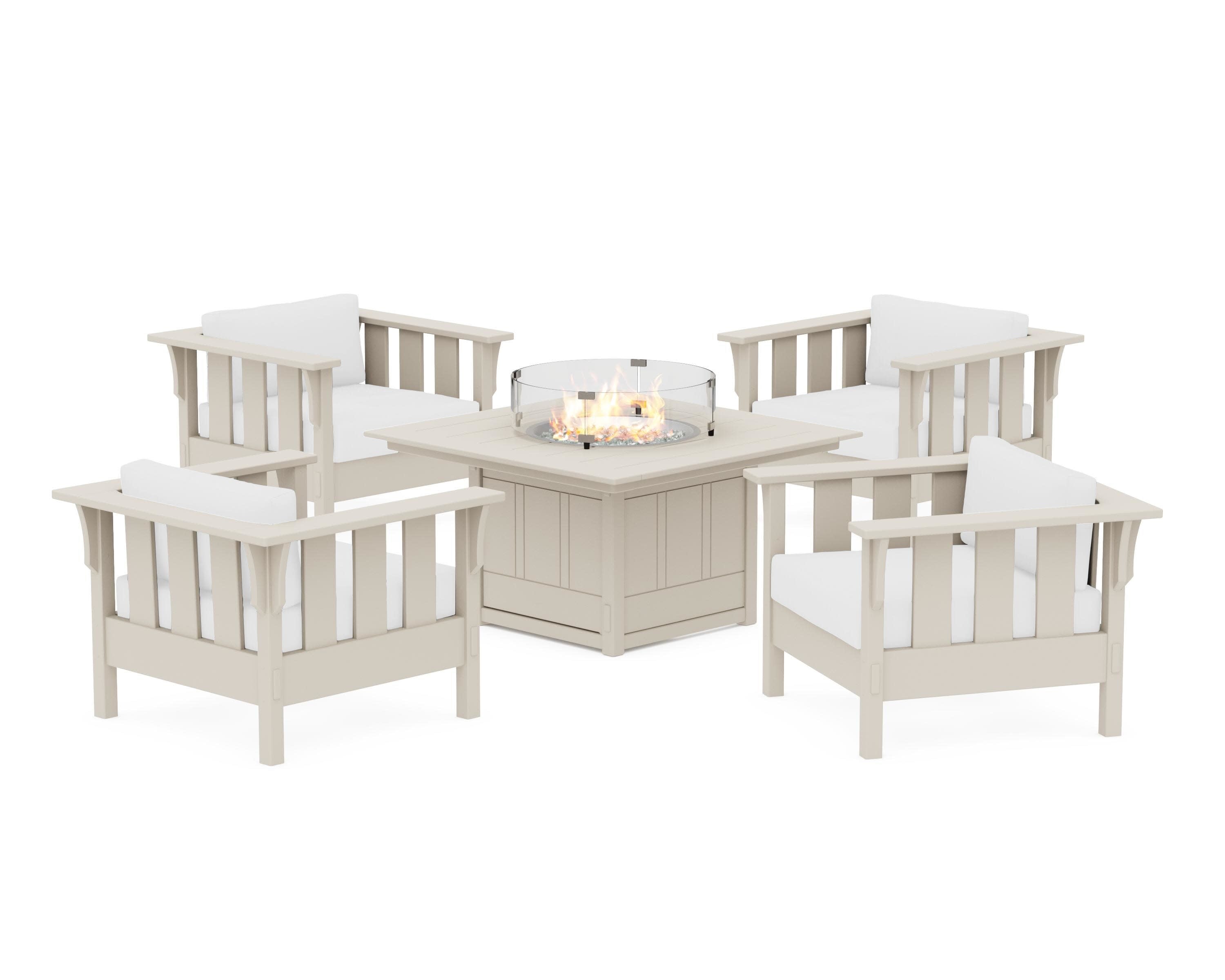 Acadia 5-Piece Deep Seating Set with Fire Pit Table in Sand / Natural