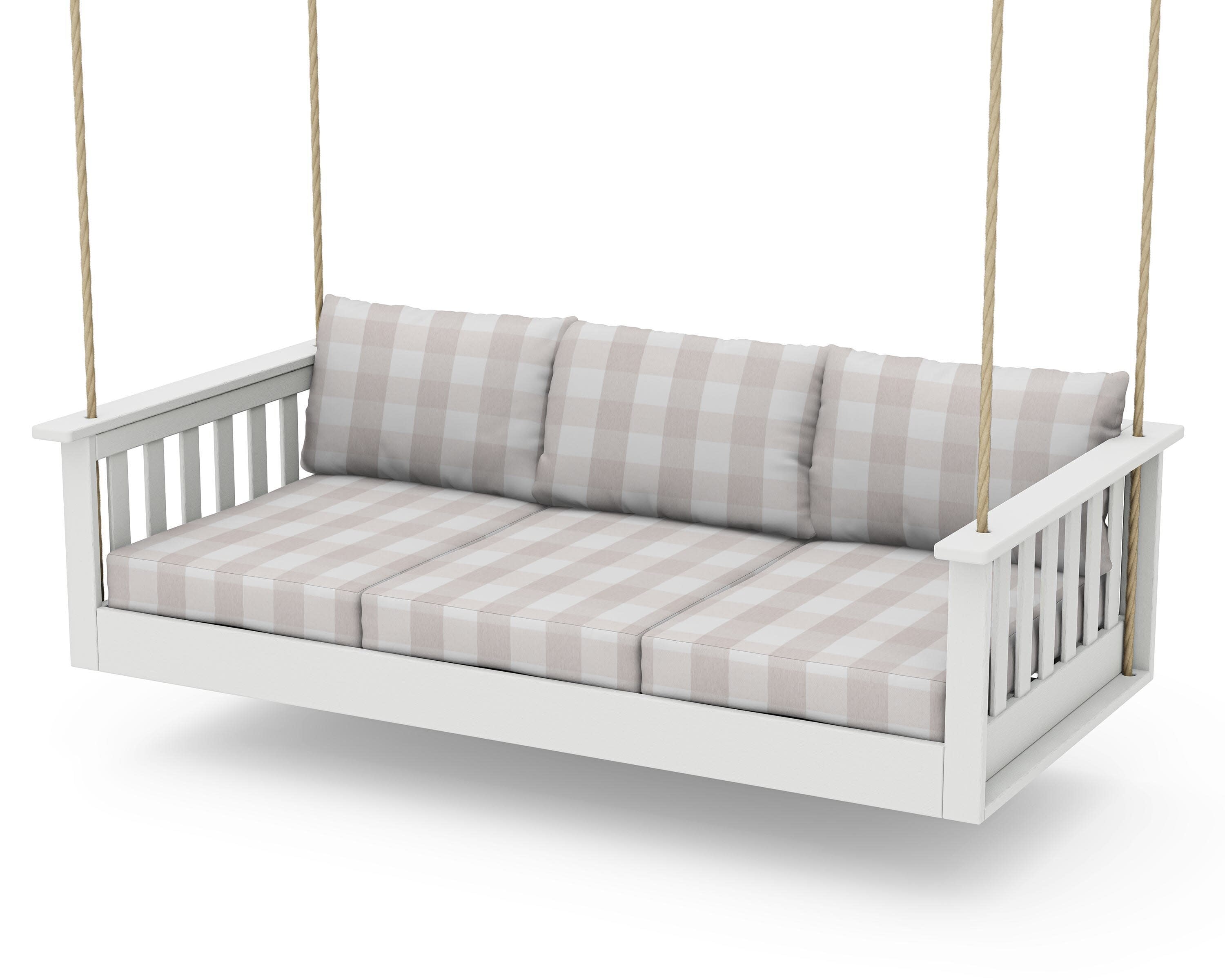 Vineyard Daybed Swing in Vintage White / Buffalo Plaid Dune Burlap