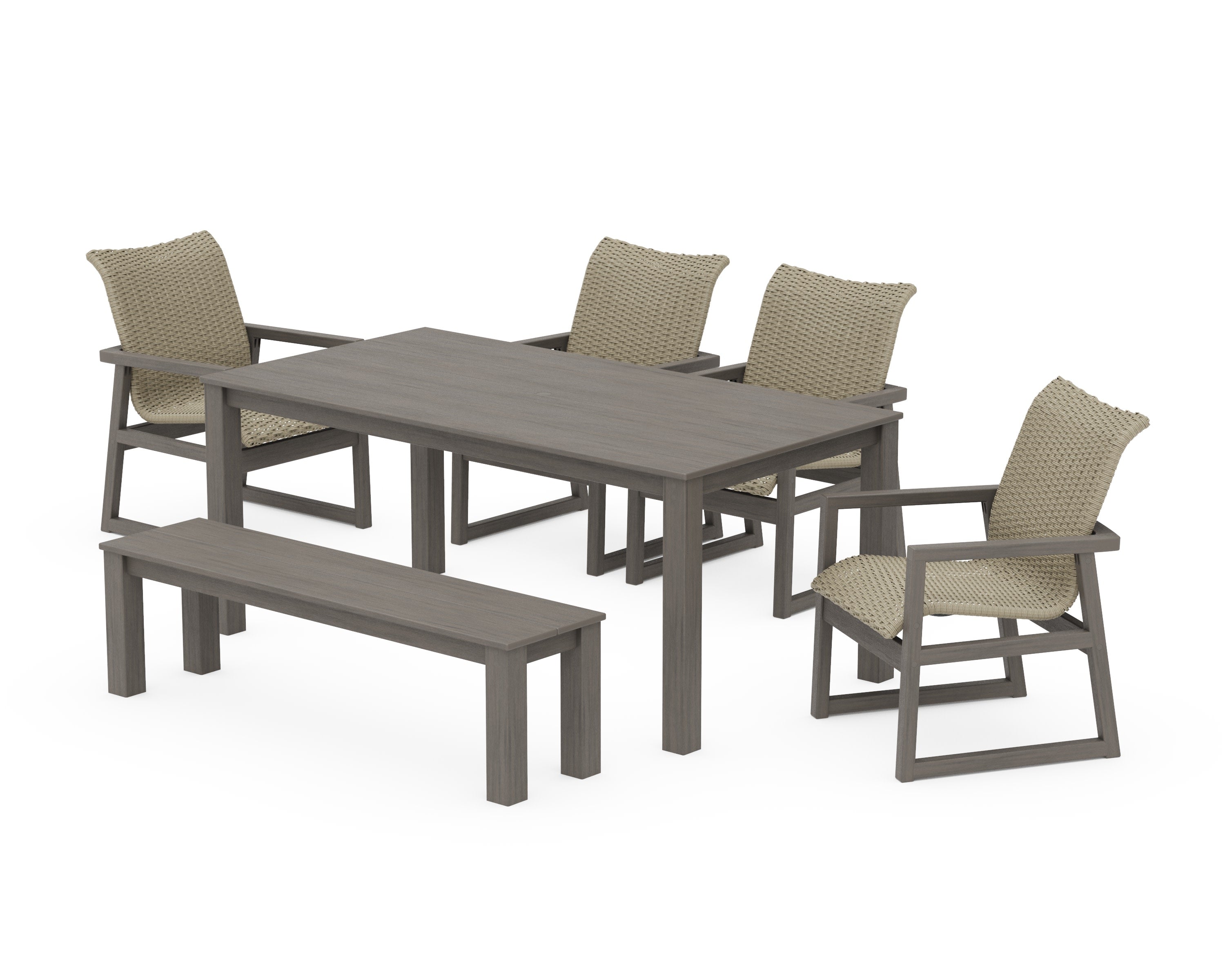 EDGE Woven 6-Piece Parsons Dining Set with Bench in Driftwood / Dune Grass
