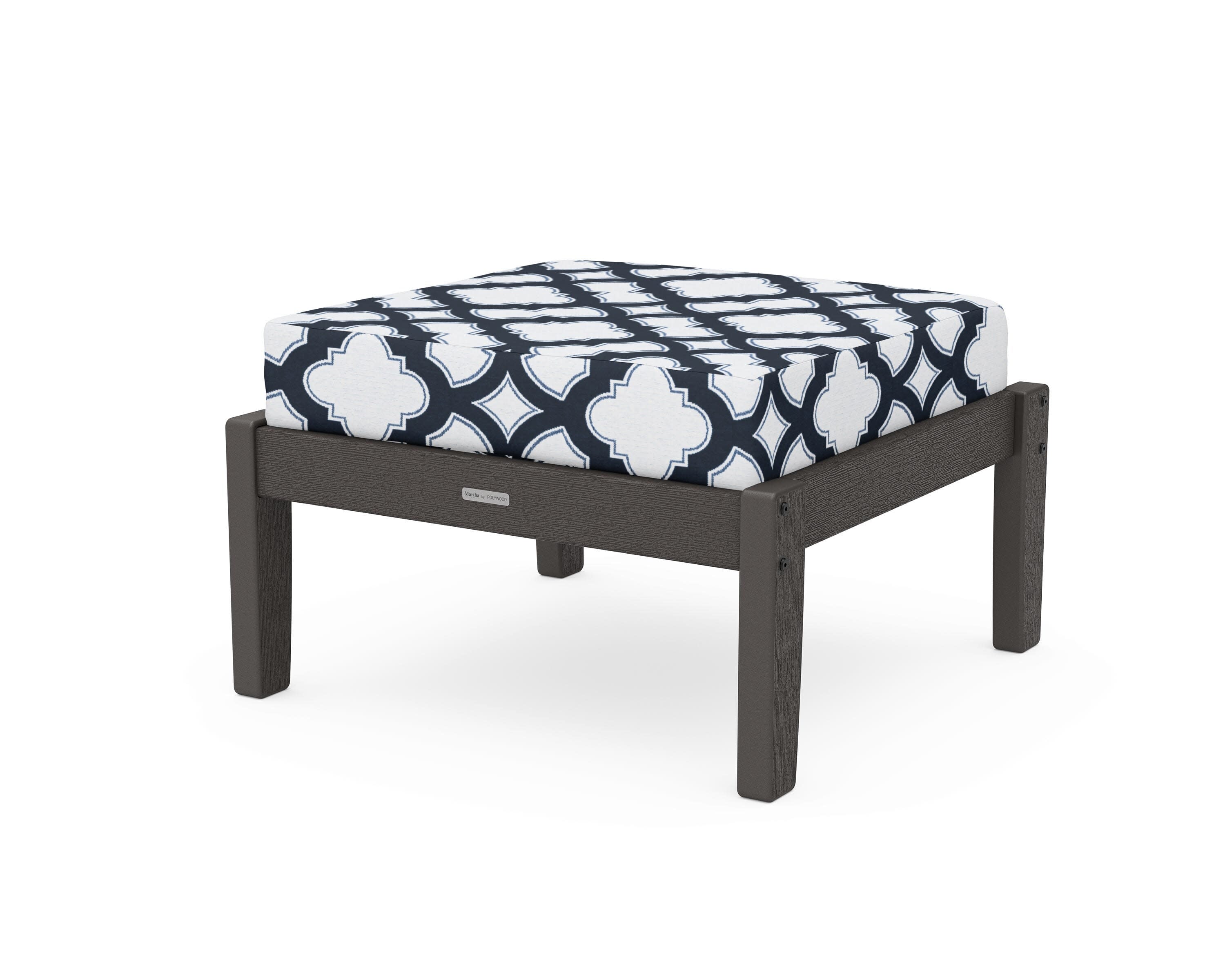 Chinoiserie Deep Seating Ottoman in Vintage Coffee / Trellis Marine Indigo
