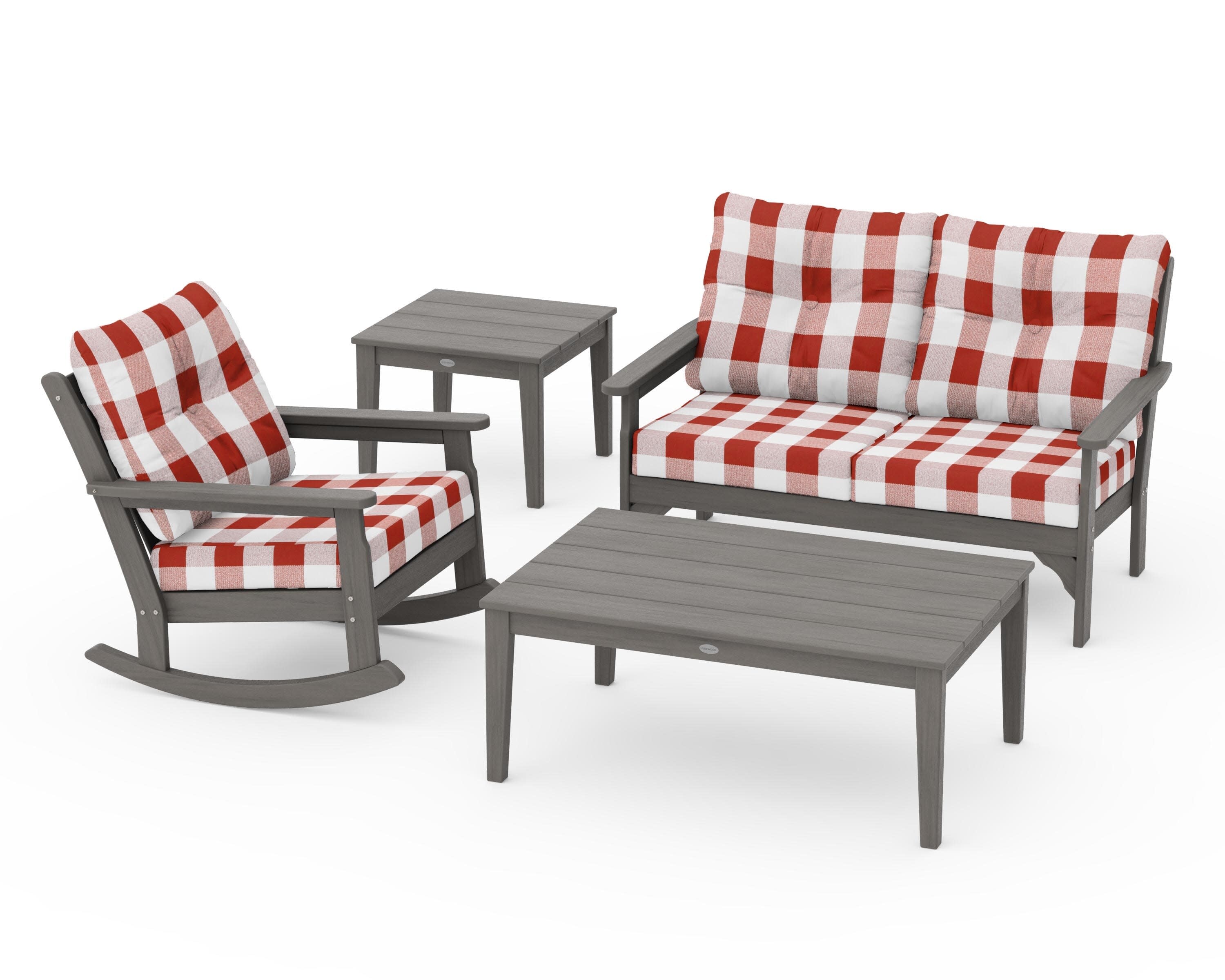Vineyard 4-Piece Deep Seating Rocker Set in Driftwood / Buffalo Plaid Crimson