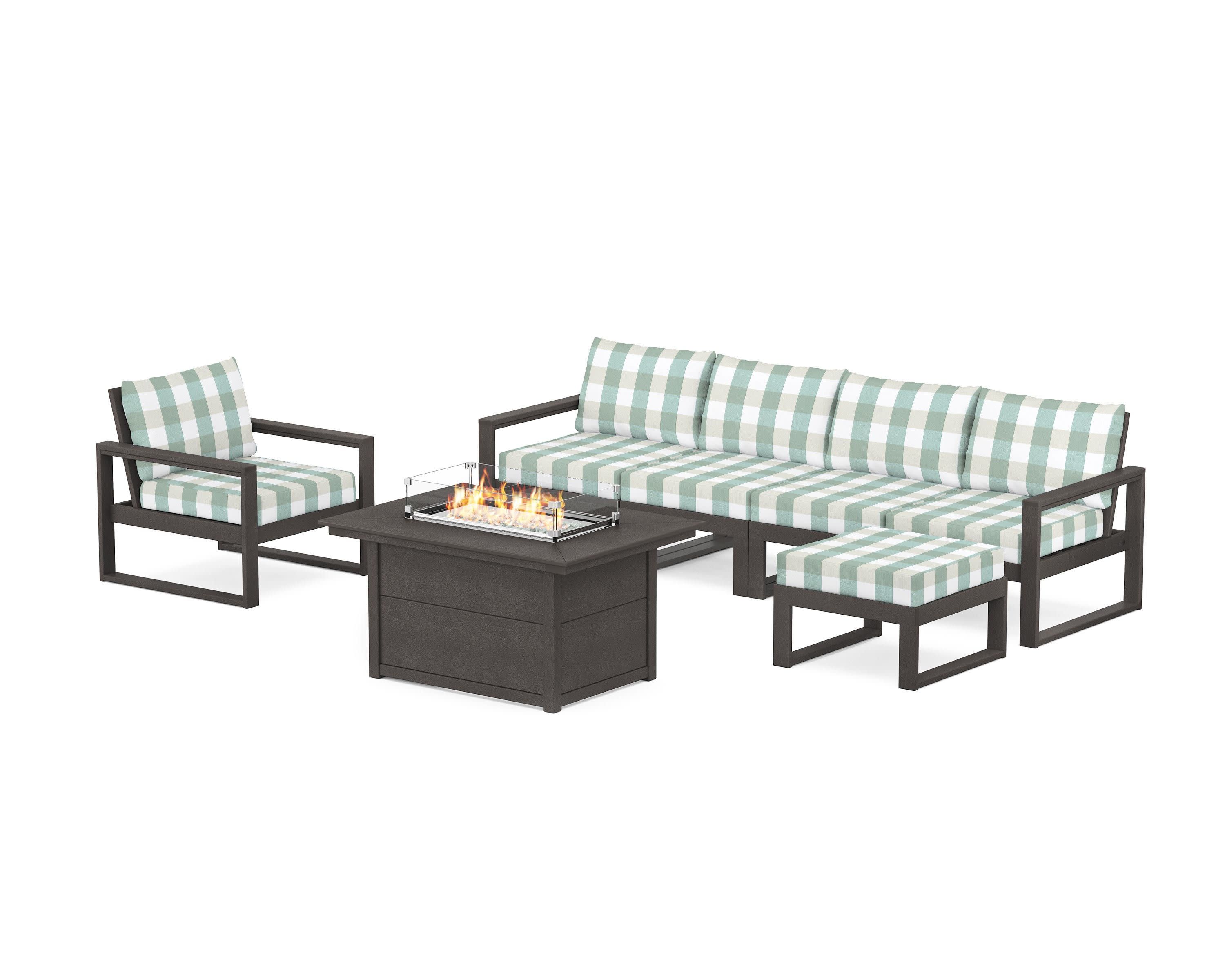 EDGE Sectional Lounge and Fire Pit Set in Vintage Coffee / Buffalo Plaid Glacier Spa