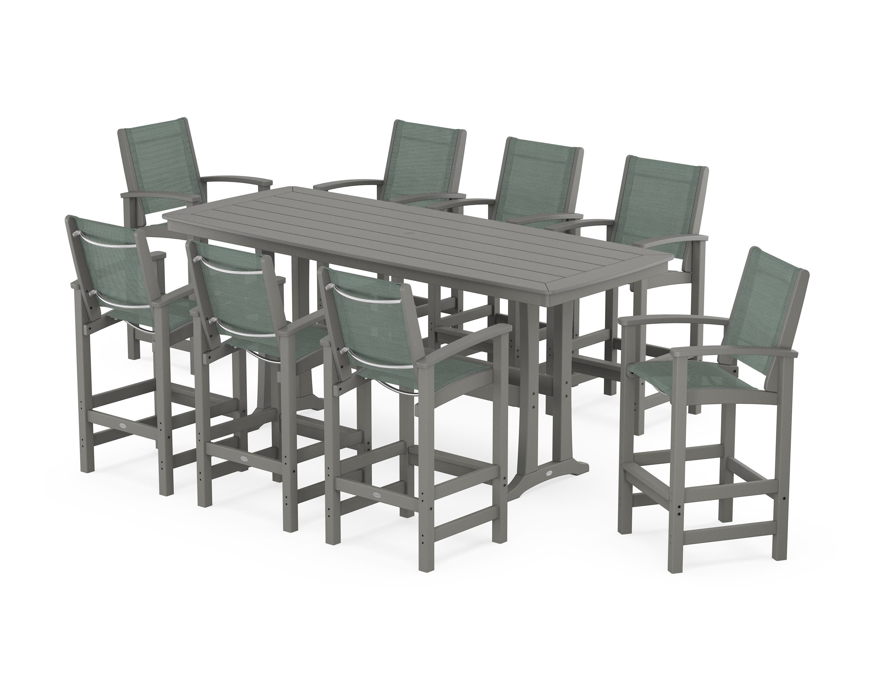 Coastal 9-Piece Bar Set with Trestle Legs in Slate Grey / Dupioni Sea Mist Sling