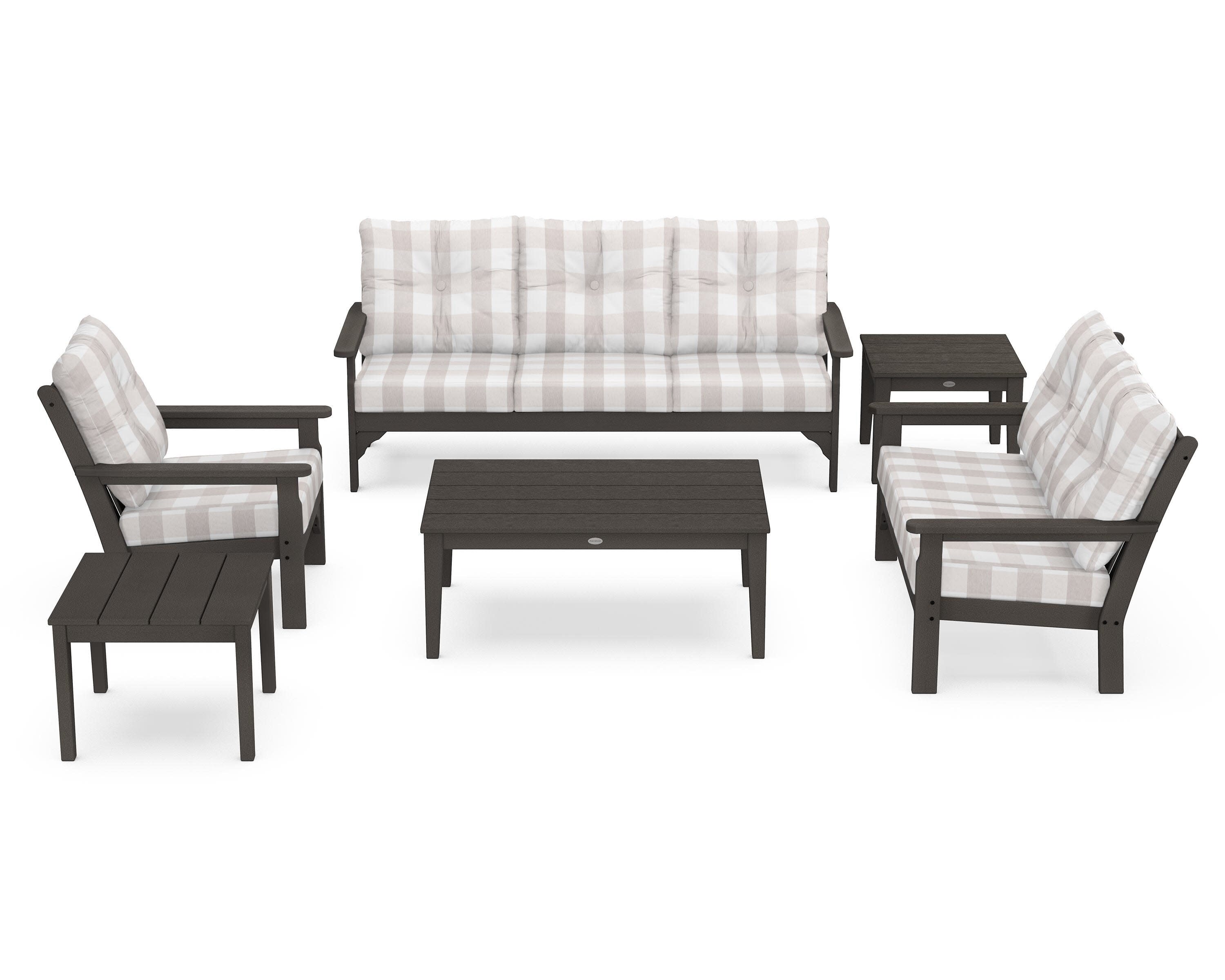 Vineyard 6-Piece Deep Seating Set in Vintage Coffee / Buffalo Plaid Dune Burlap