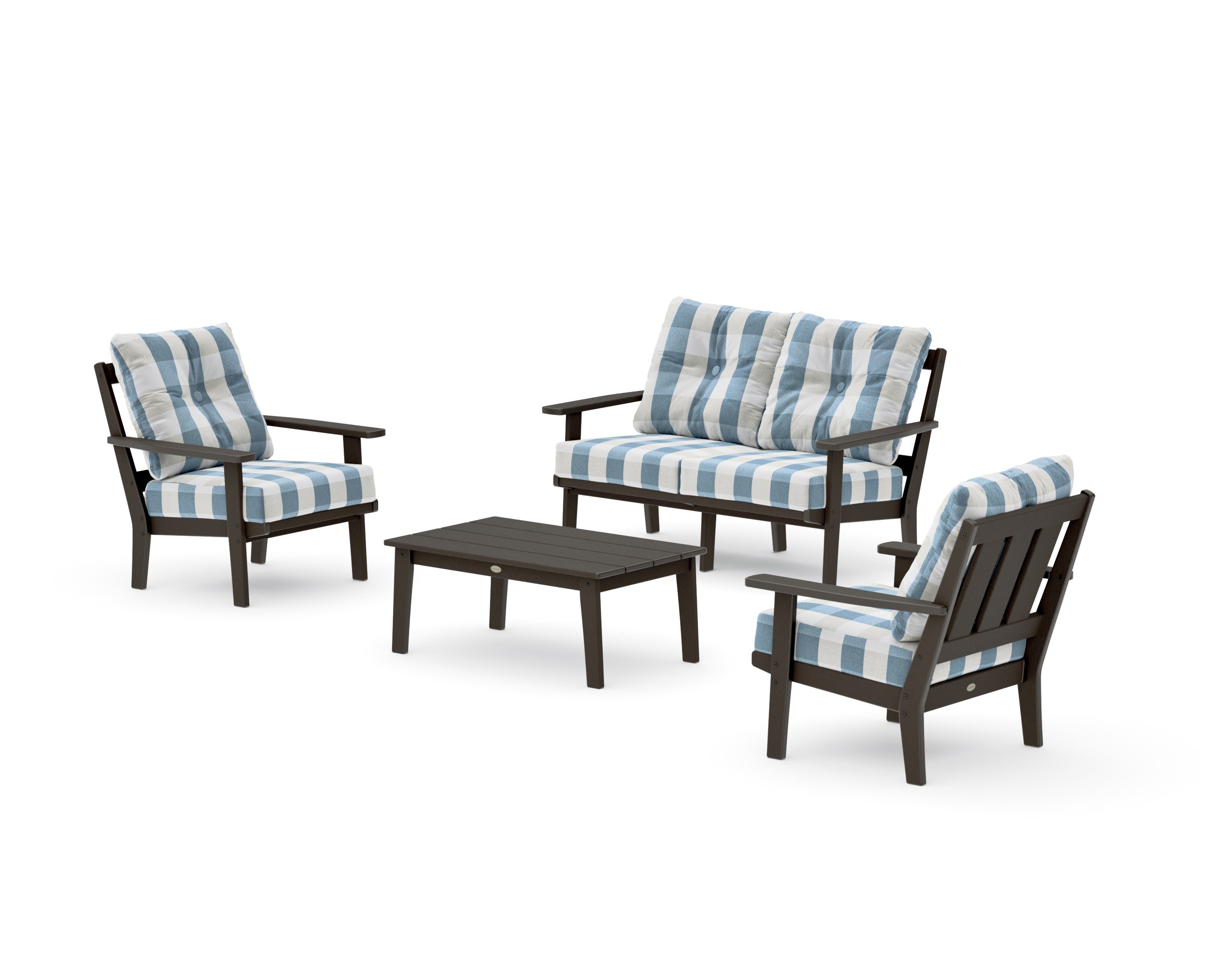 Oxford 4-Piece Deep Seating Set with Loveseat in Vintage Coffee / Buffalo Plaid Sky Blue