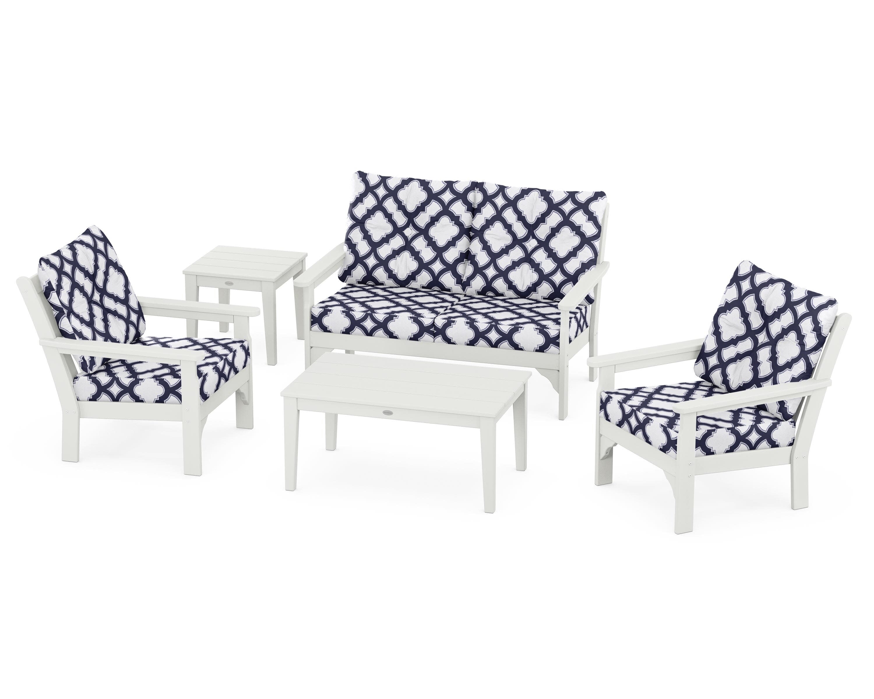Vineyard 5-Piece Deep Seating Set in Vintage White / Trellis Navy