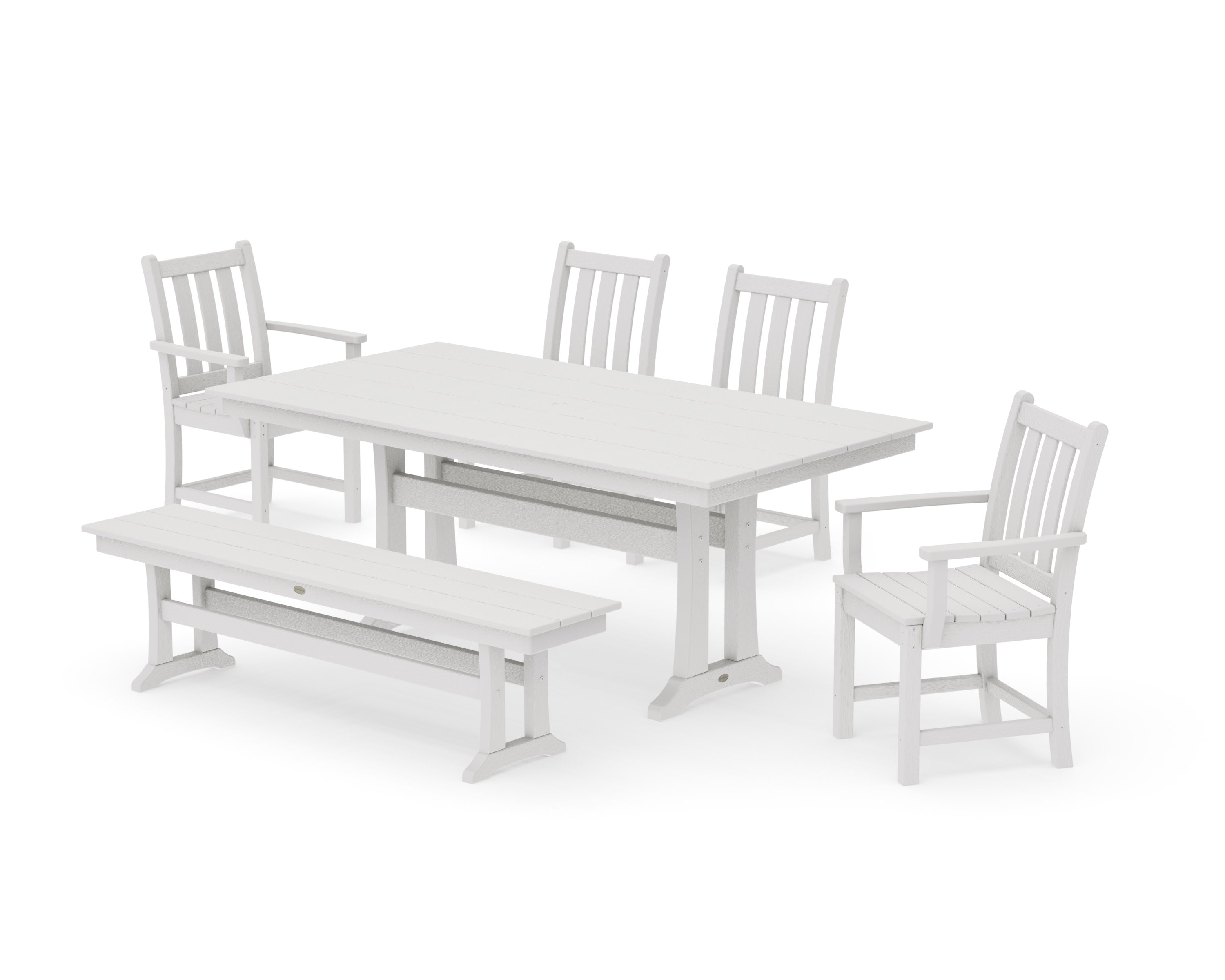 Traditional Garden 6-Piece Farmhouse Dining Set with Trestle Legs and Bench in Vintage White
