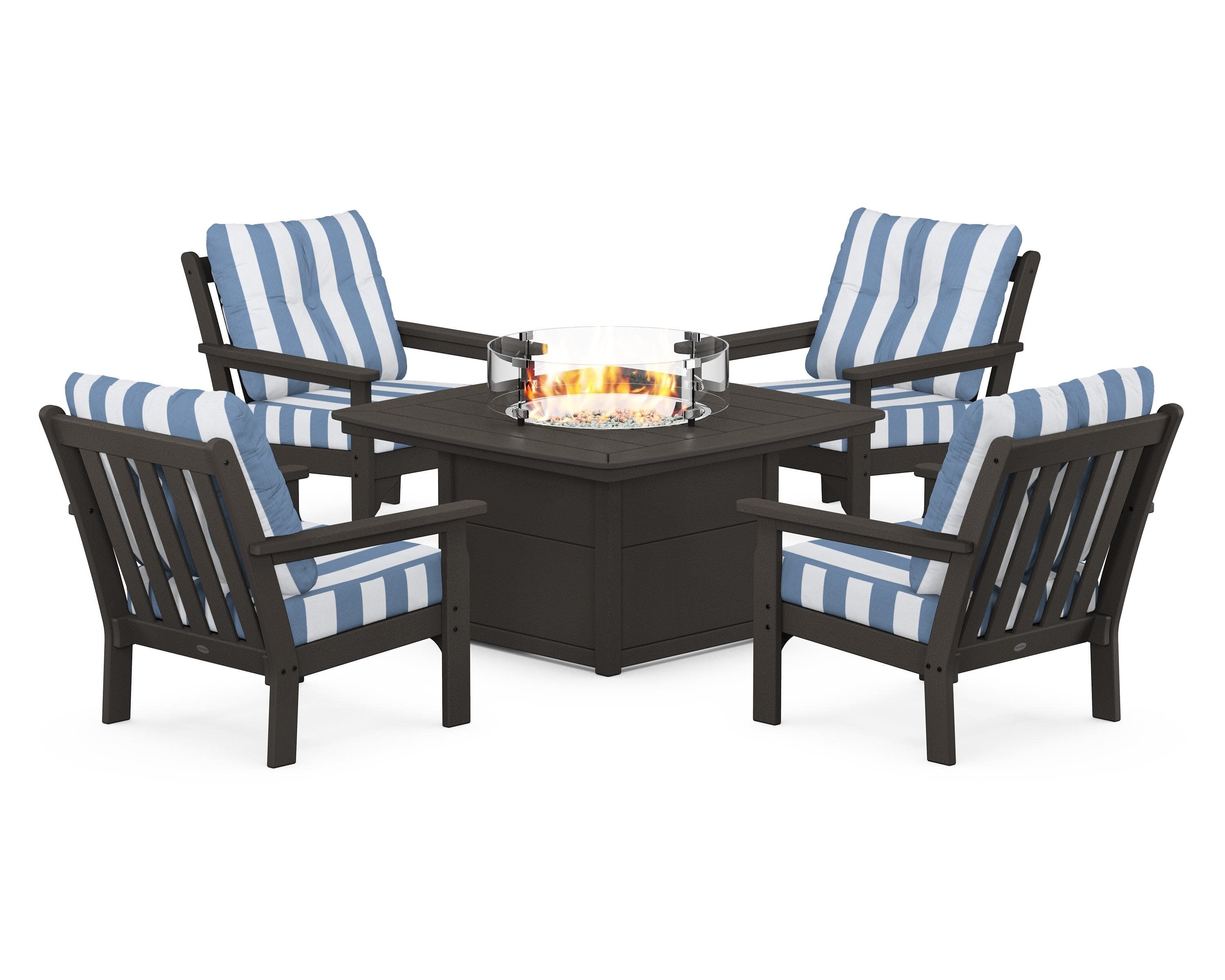 Vineyard 5-Piece Conversation Set with Fire Pit Table in Vintage Coffee / Cabana Stripe Sky Blue