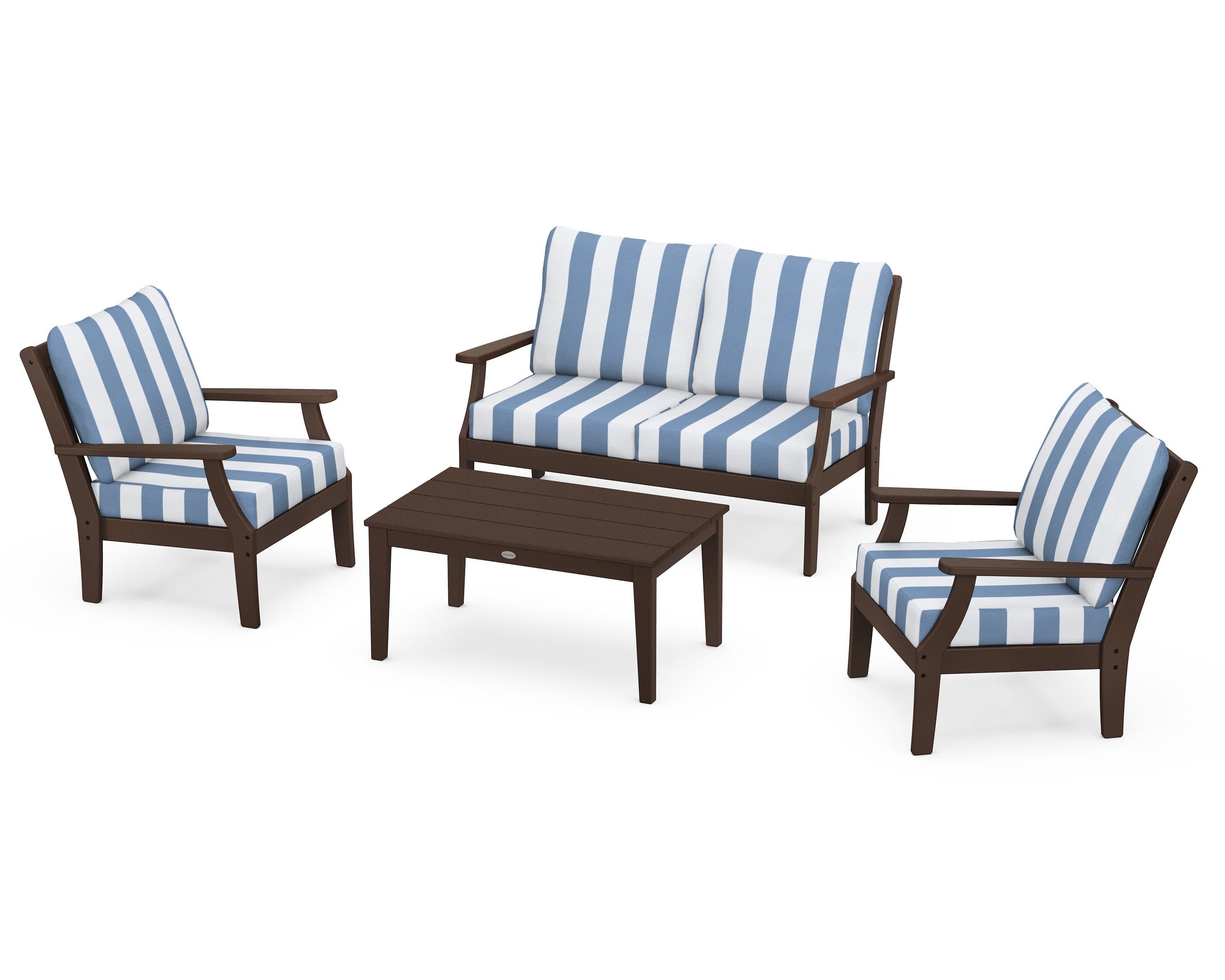 Braxton 4-Piece Deep Seating Chair Set in Mahogany / Cabana Stripe Sky Blue