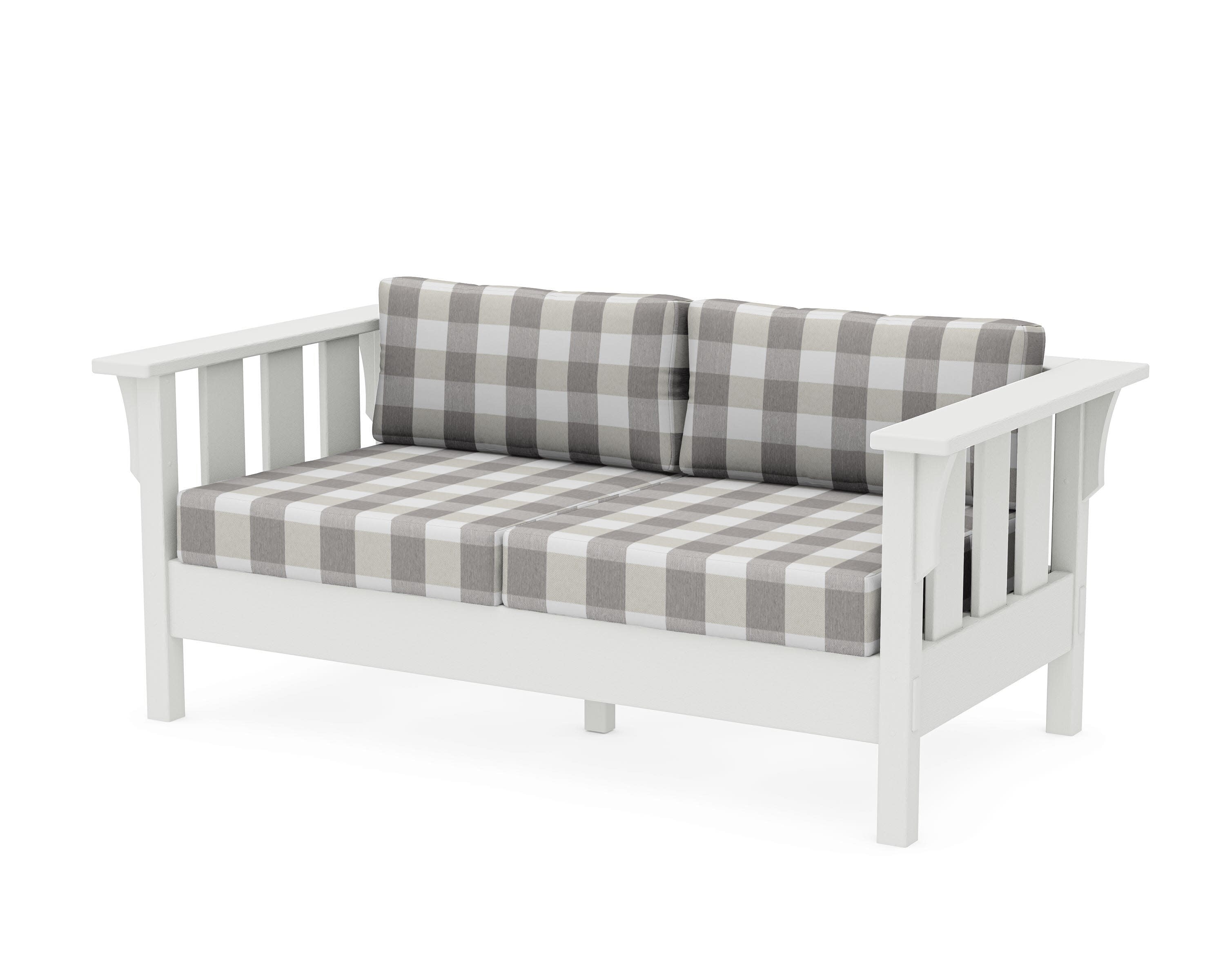Acadia Deep Seating Loveseat in Vintage White / Buffalo Plaid Grey Mist