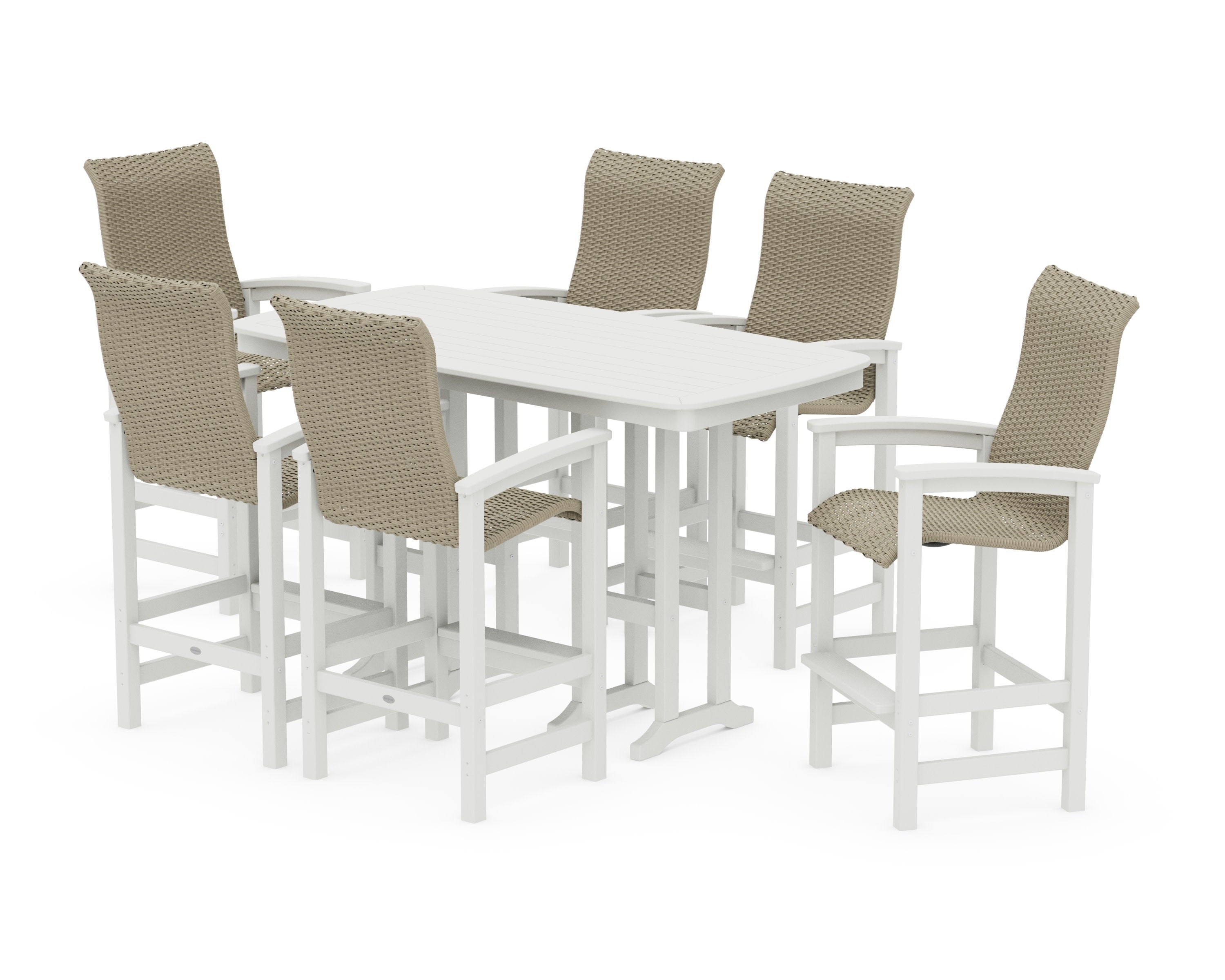 Coastal Woven High-Back Arm Chair 7-Piece Bar Set in Vintage White / Dune Grass