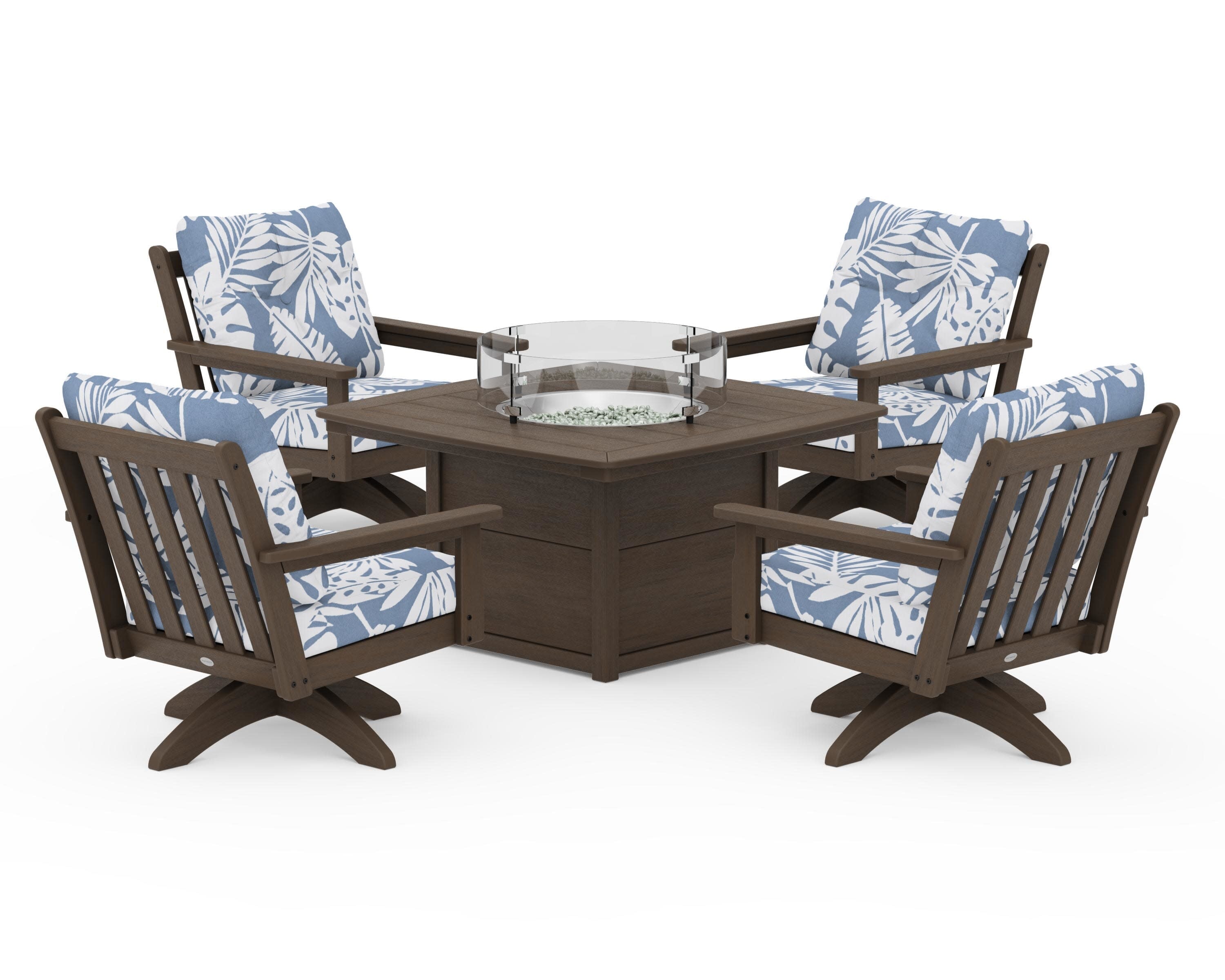Vineyard 5-Piece Deep Seating Swivel Conversation Set with Fire Pit Table in Kona / Leaf Sky Blue