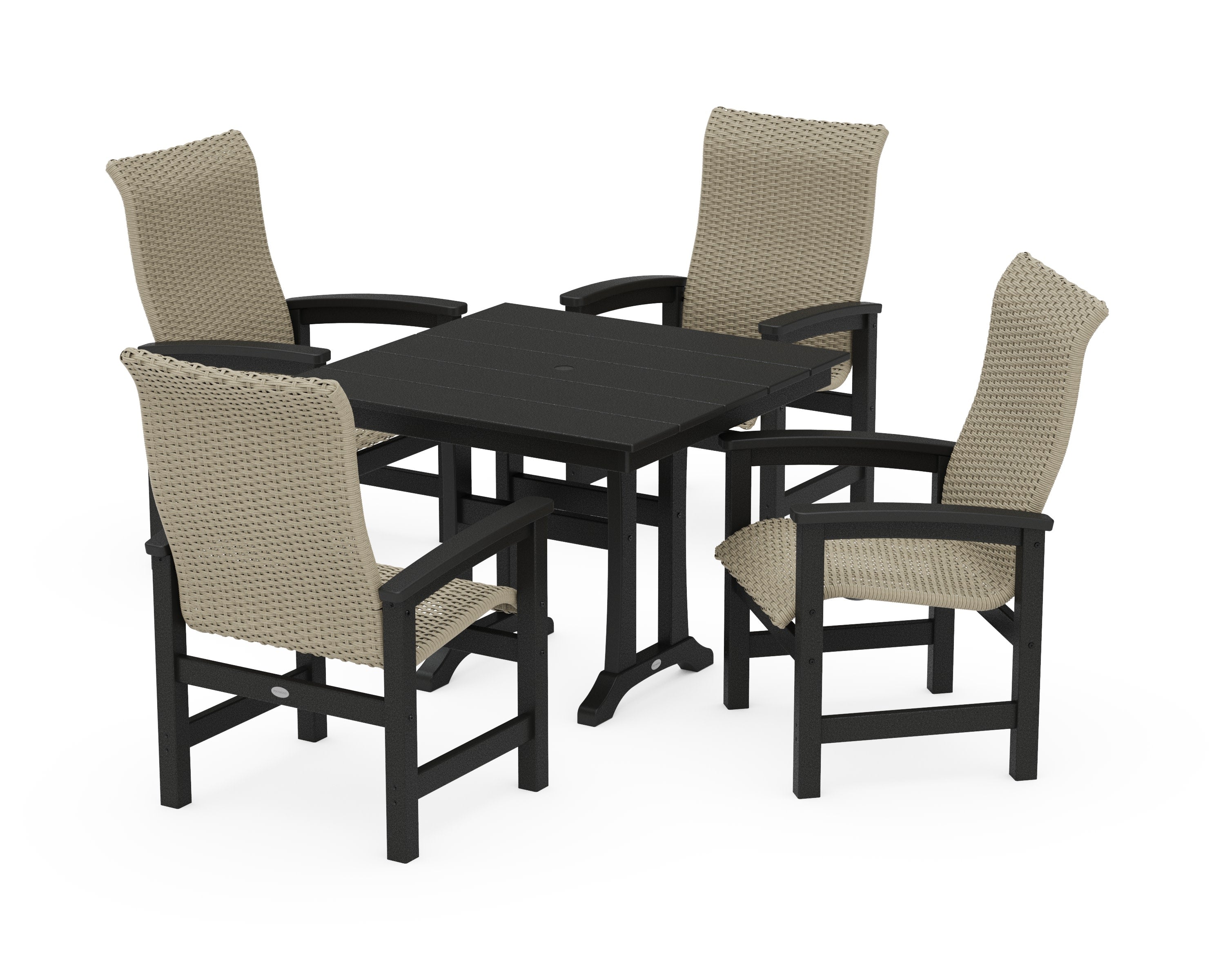 Coastal Woven High-Back 5-Piece Farmhouse Dining Set with Trestle Legs in Black / Dune Grass