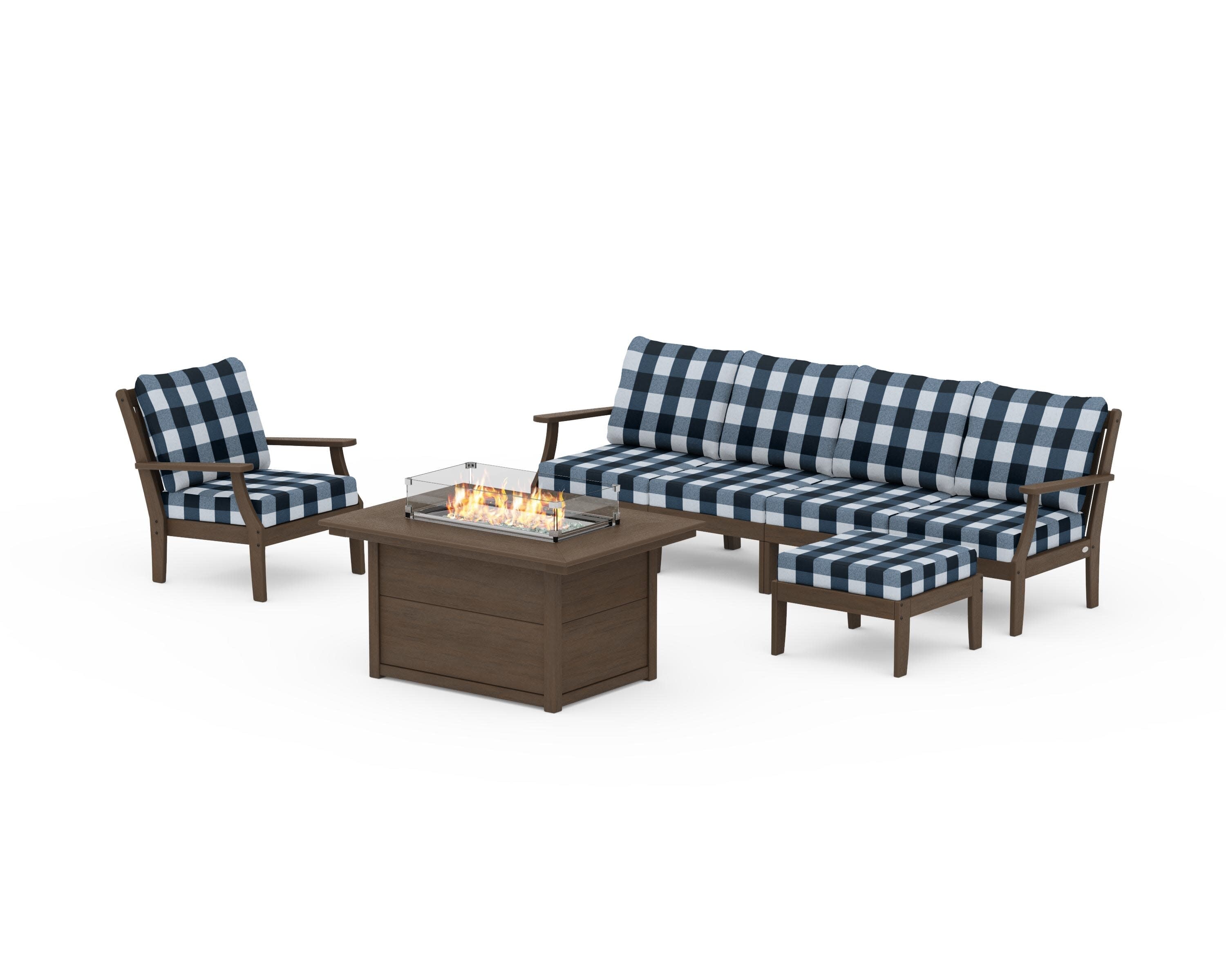 Braxton Sectional Lounge and Fire Pit Set in Kona / Buffalo Plaid Marine Indigo