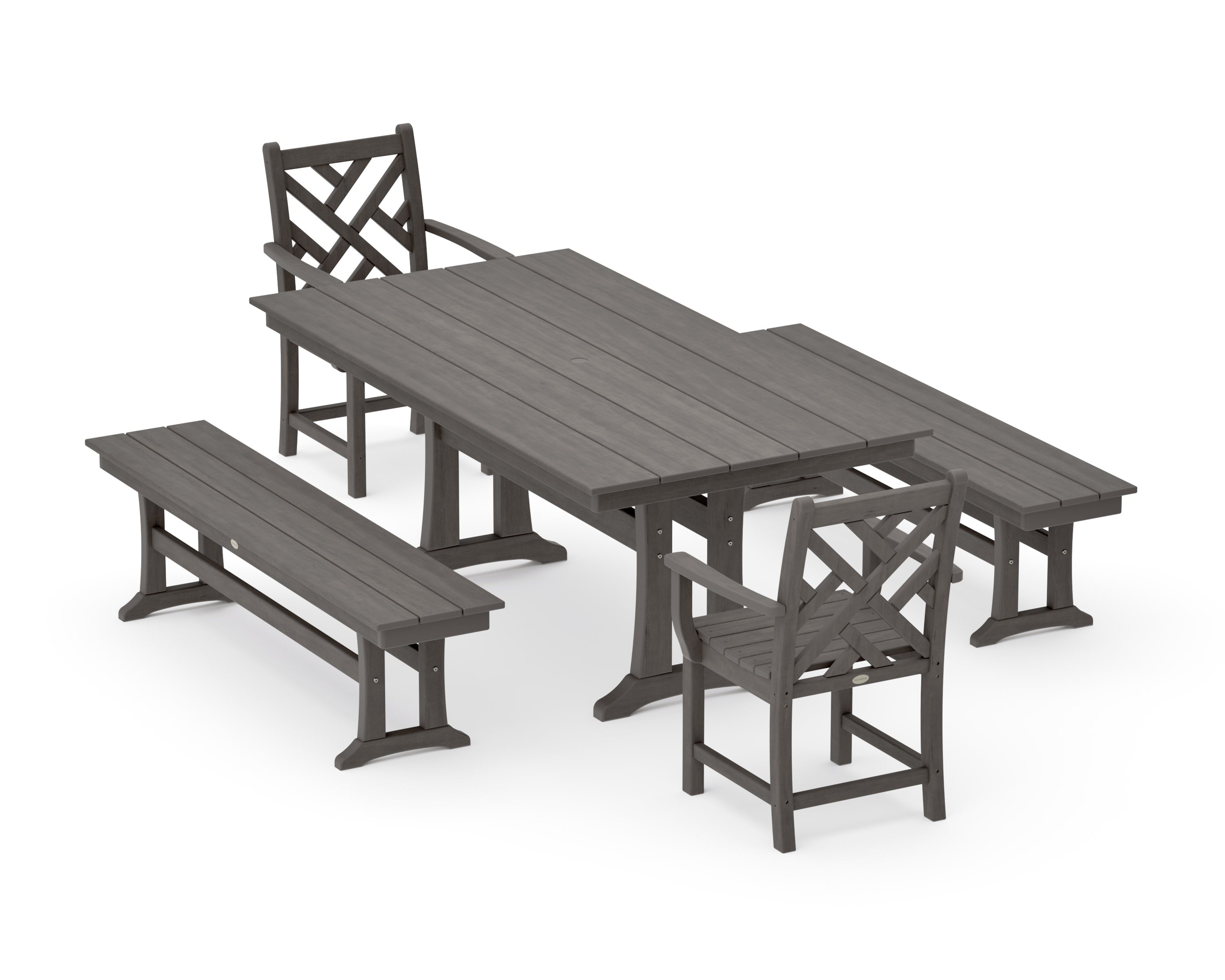 Chippendale 5-Piece Farmhouse Dining Set With Trestle Legs in Driftwood