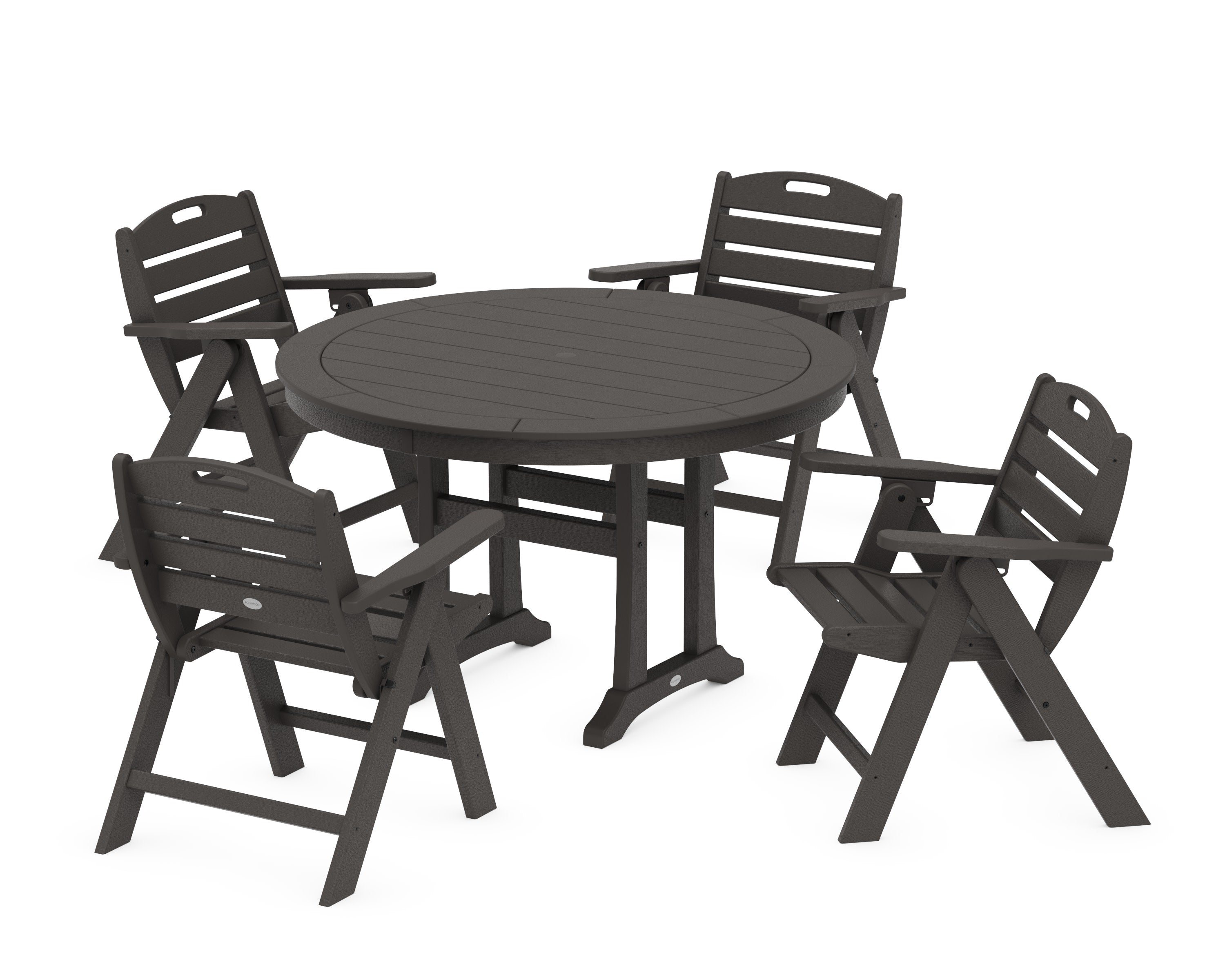 Nautical Folding Lowback Chair 5-Piece Round Dining Set With Trestle Legs in Vintage Coffee