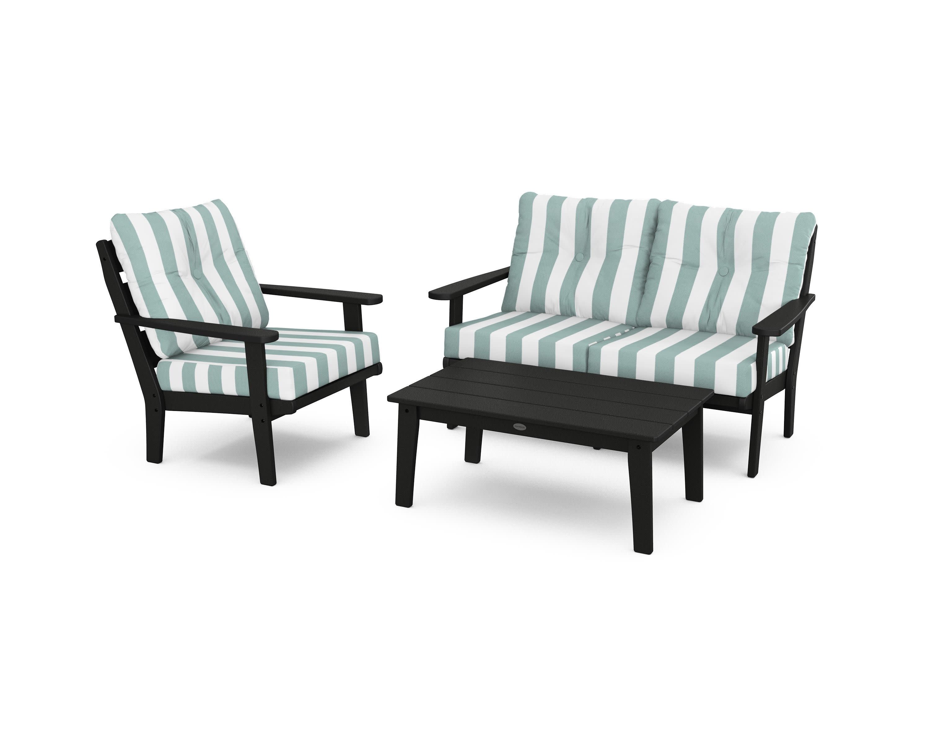 Lakeside 3-Piece Deep Seating Set in Black / Cabana Stripe Glacier Spa