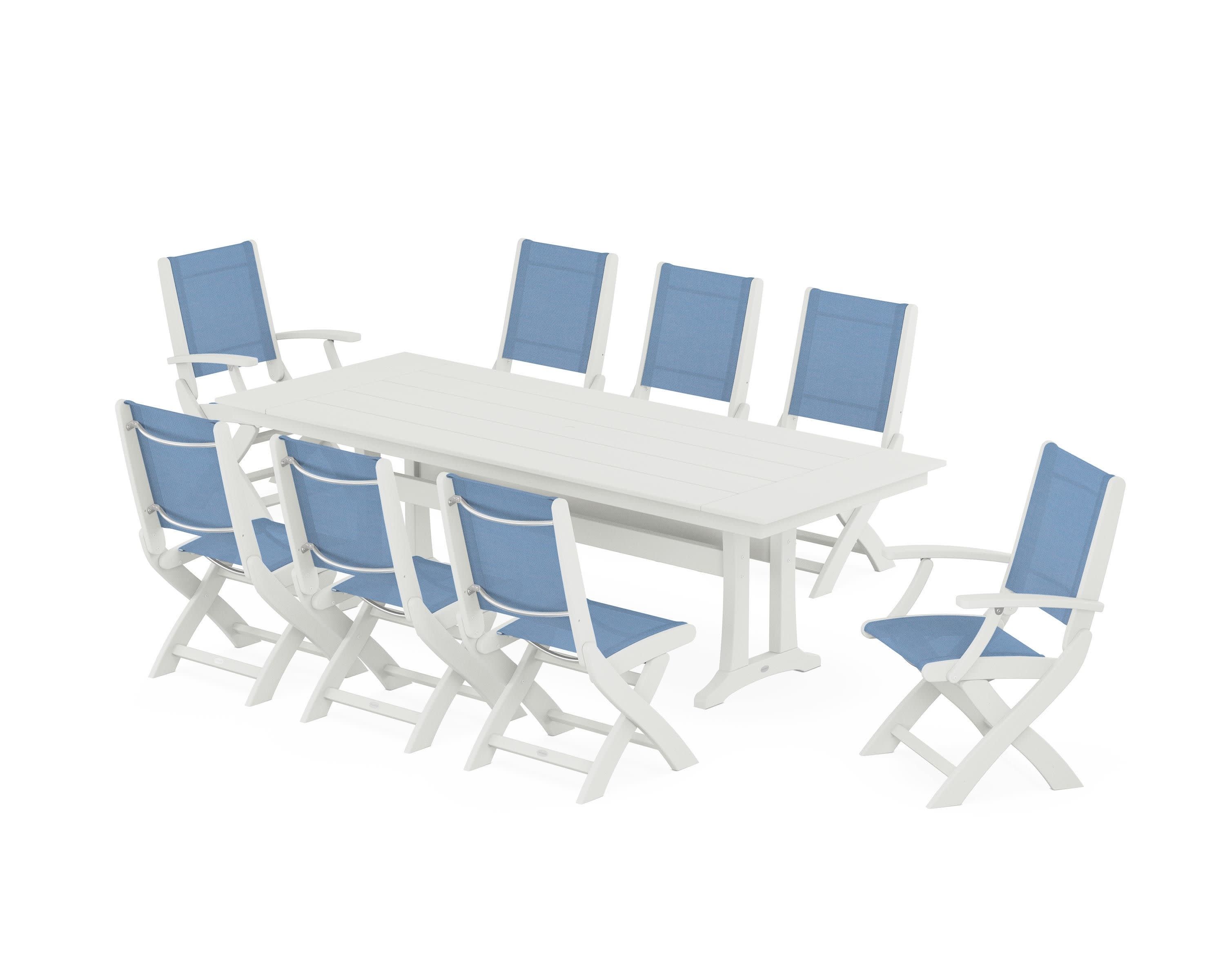 Coastal 9-Piece Folding Dining Chair Farmhouse Dining Set with Trestle Legs in Vintage White / Poolside Sling