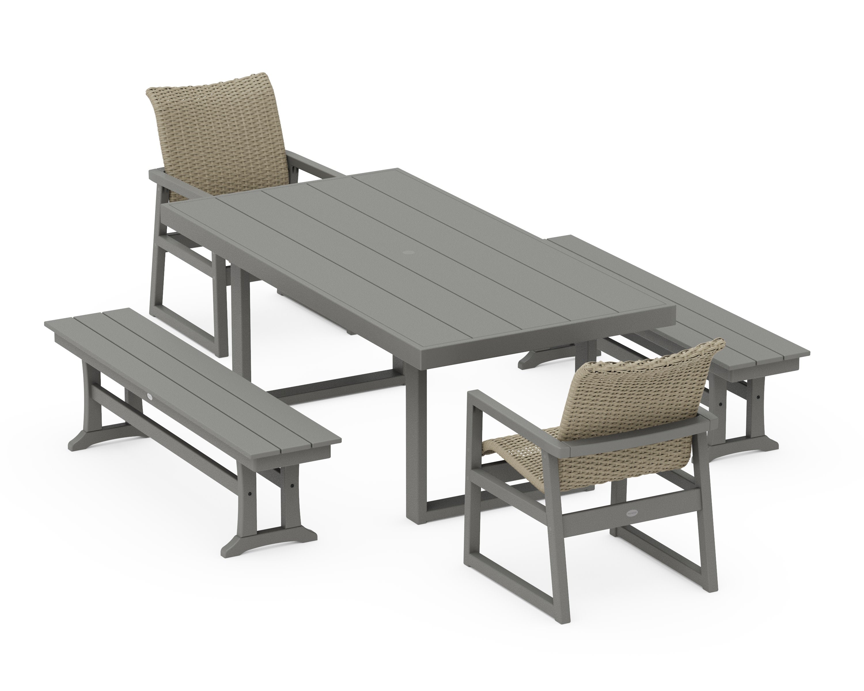 EDGE Woven 5-Piece Dining Set with Benches in Slate Grey / Dune Grass