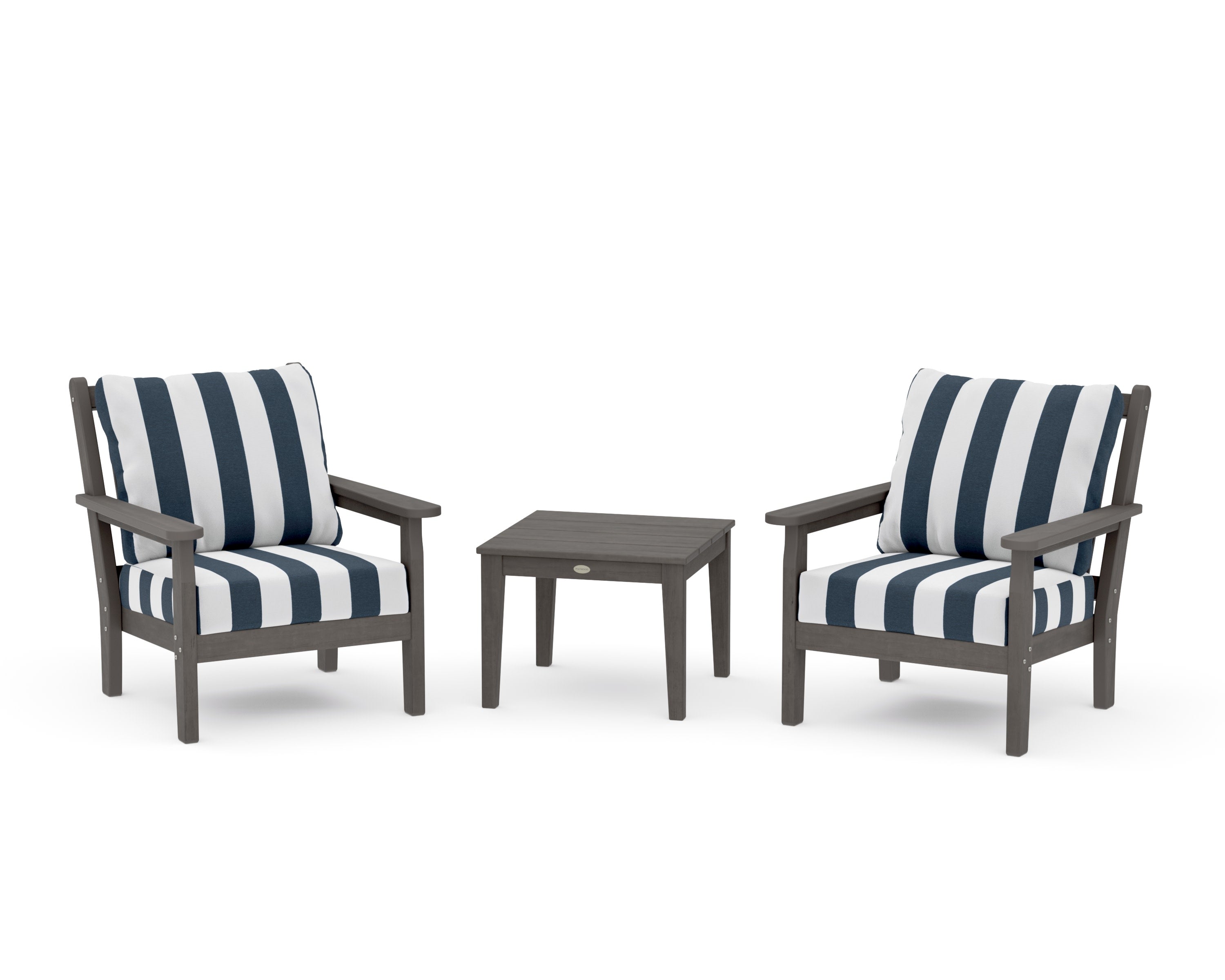 Chippendale 3-Piece Deep Seating Set in Driftwood / Cabana Stripe Marine Indigo