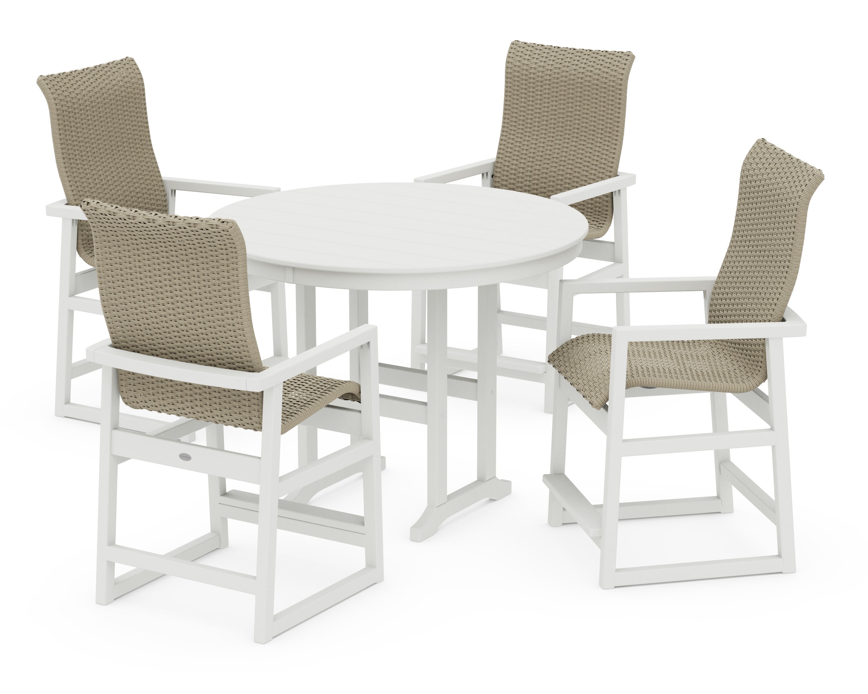 EDGE Woven Highback 5-Piece Round Farmhouse Counter Set in Vintage White / Dune Grass