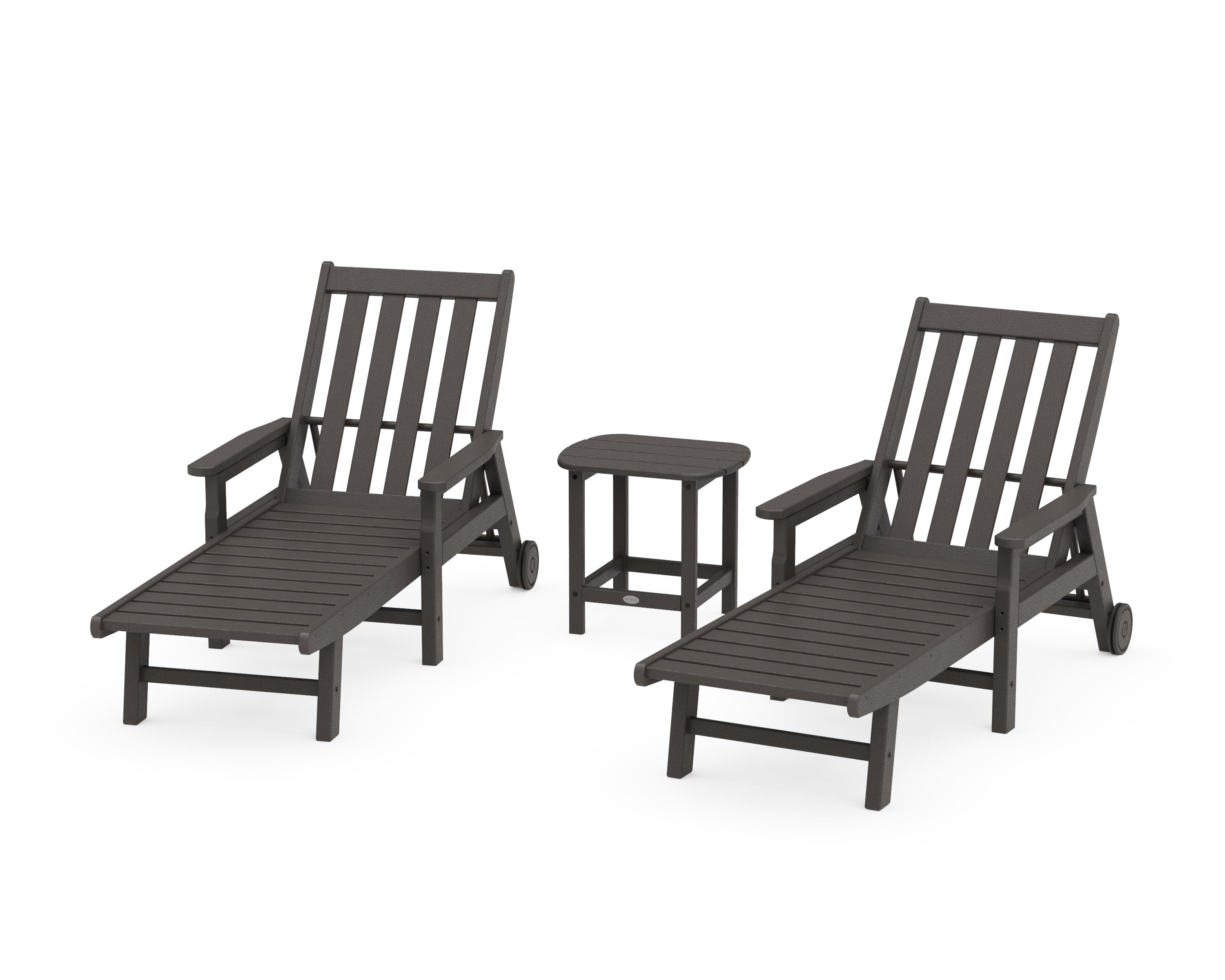 Vineyard 3-Piece Chaise with Arms and Wheels Set in Vintage Coffee