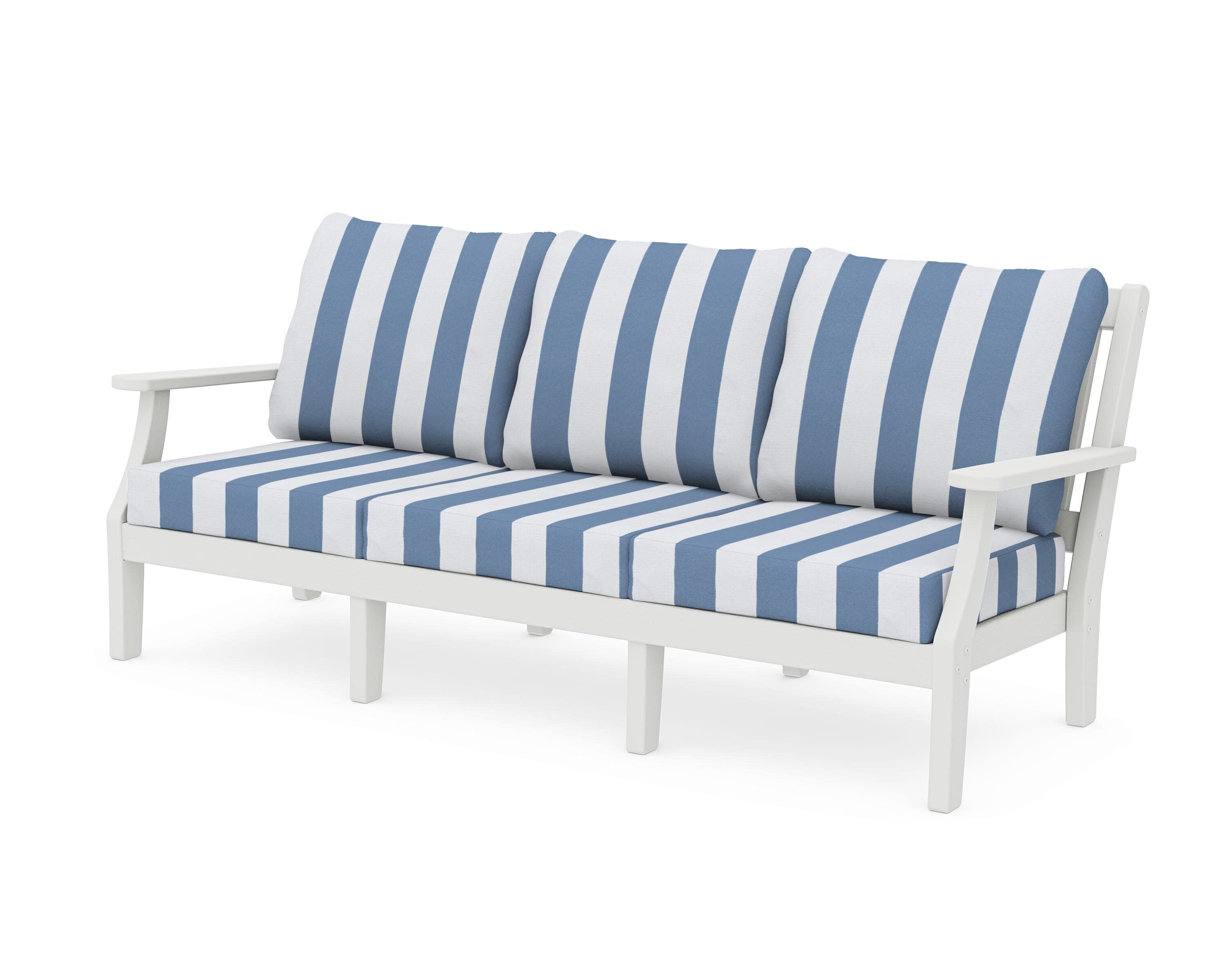 Chinoiserie Deep Seating Sofa in Vintage White / Cabana Stripe Sky Blue