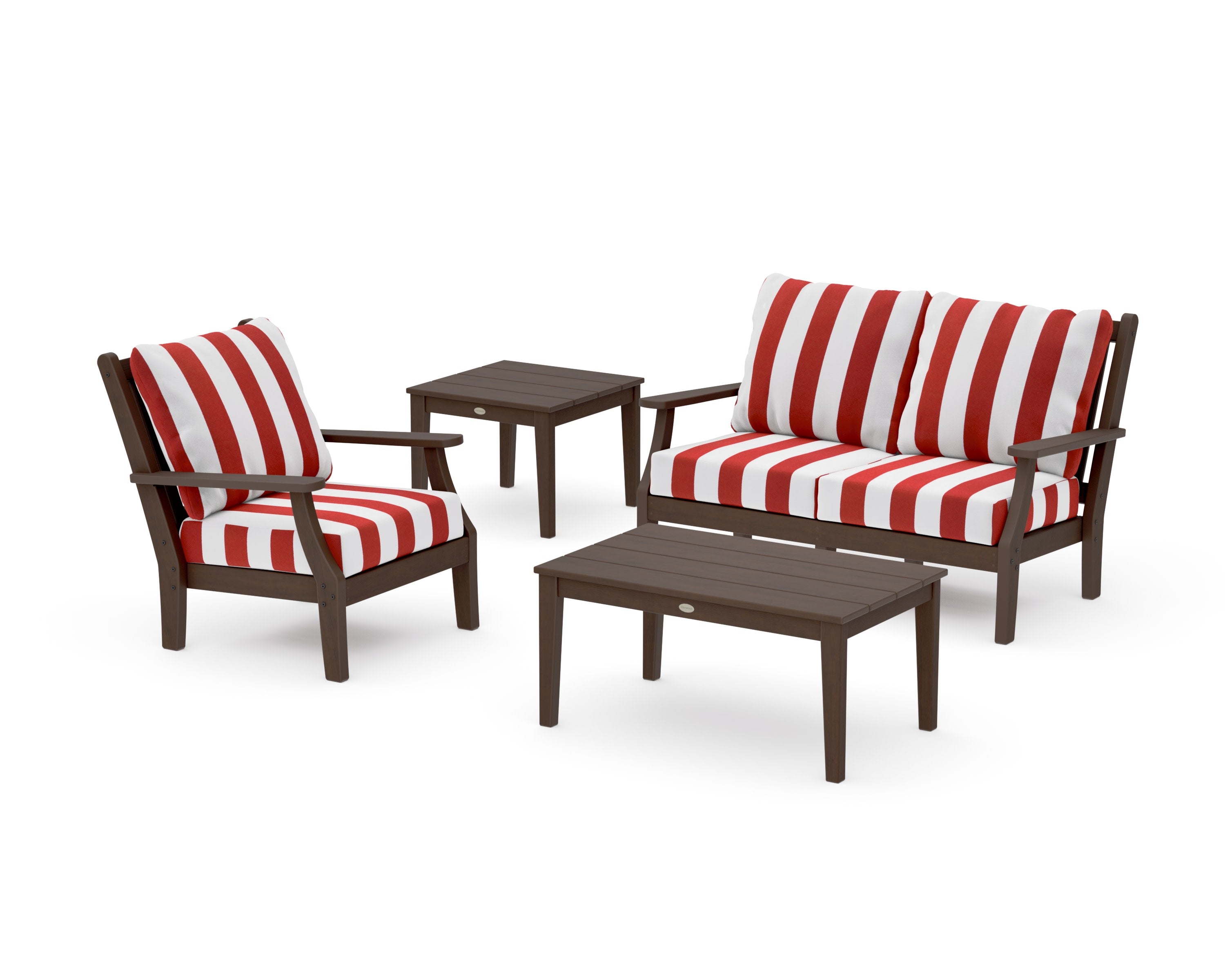 Wovendale 4-Piece Deep Seating Set in Kona / Cabana Stripe Crimson