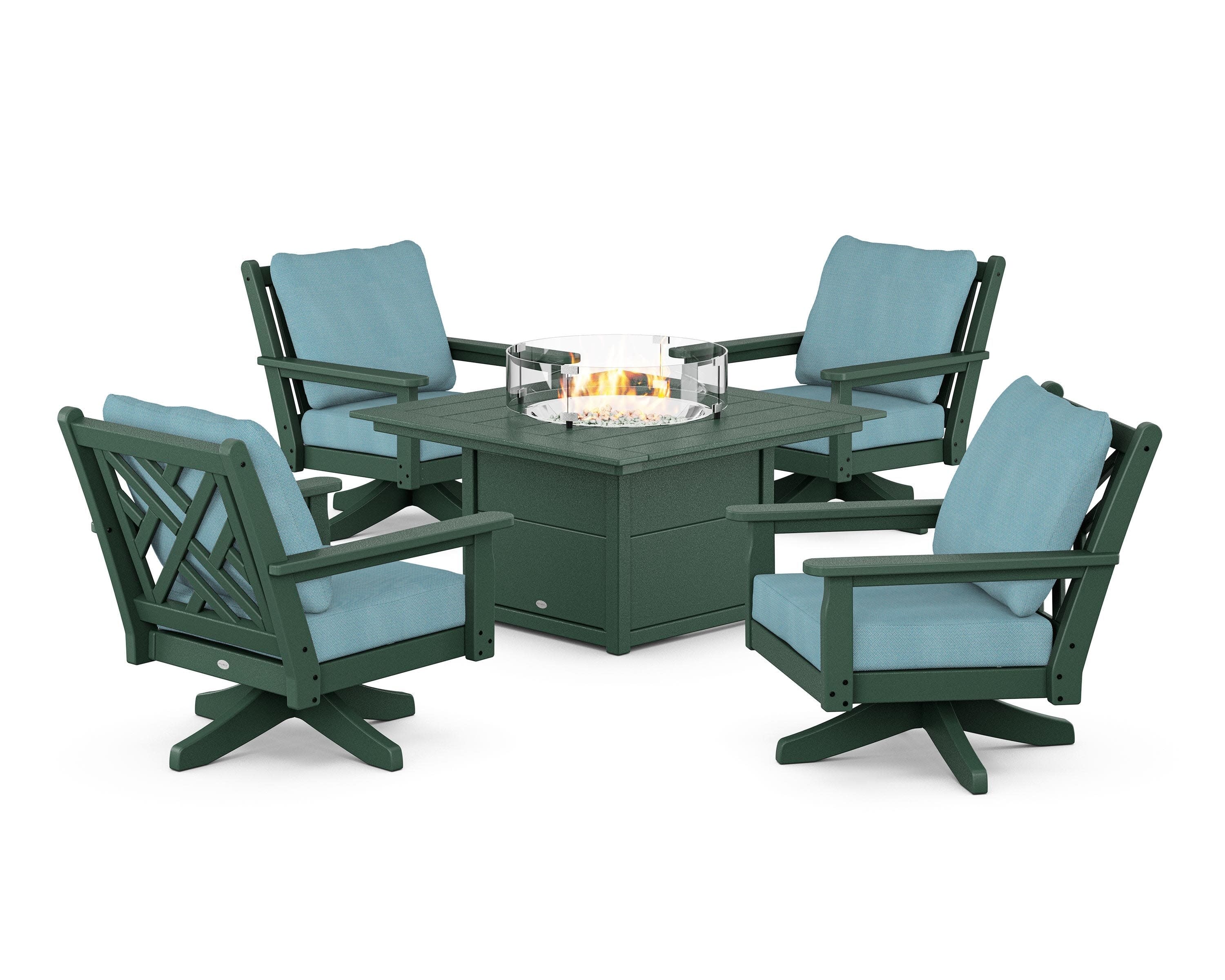 Chippendale 5-Piece Deep Seating Swivel Conversation Set with Fire Pit Table in Green / Lattice Sky Blue