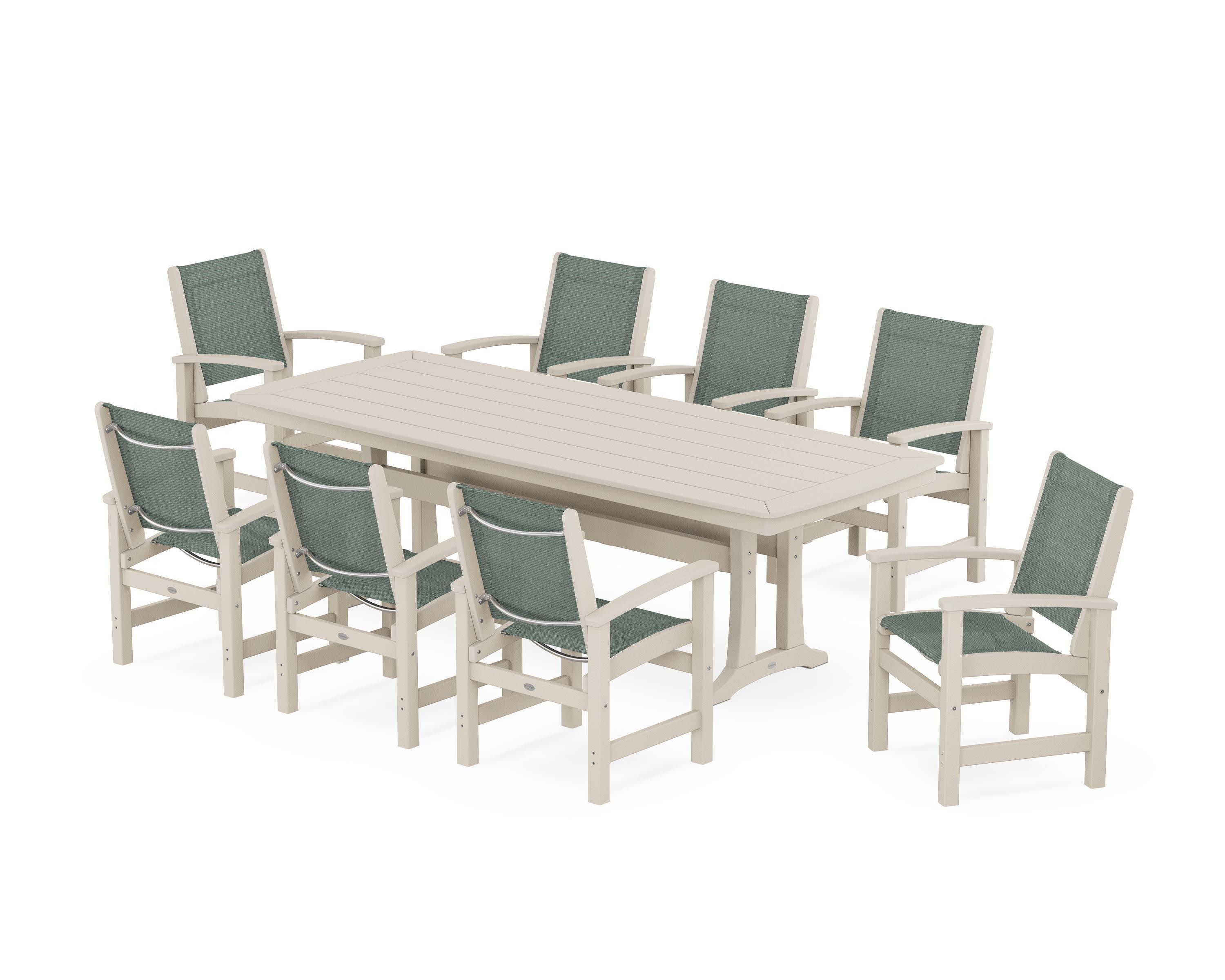 Coastal 9-Piece Dining Set with Trestle Legs in Sand / Dupioni Sea Mist Sling