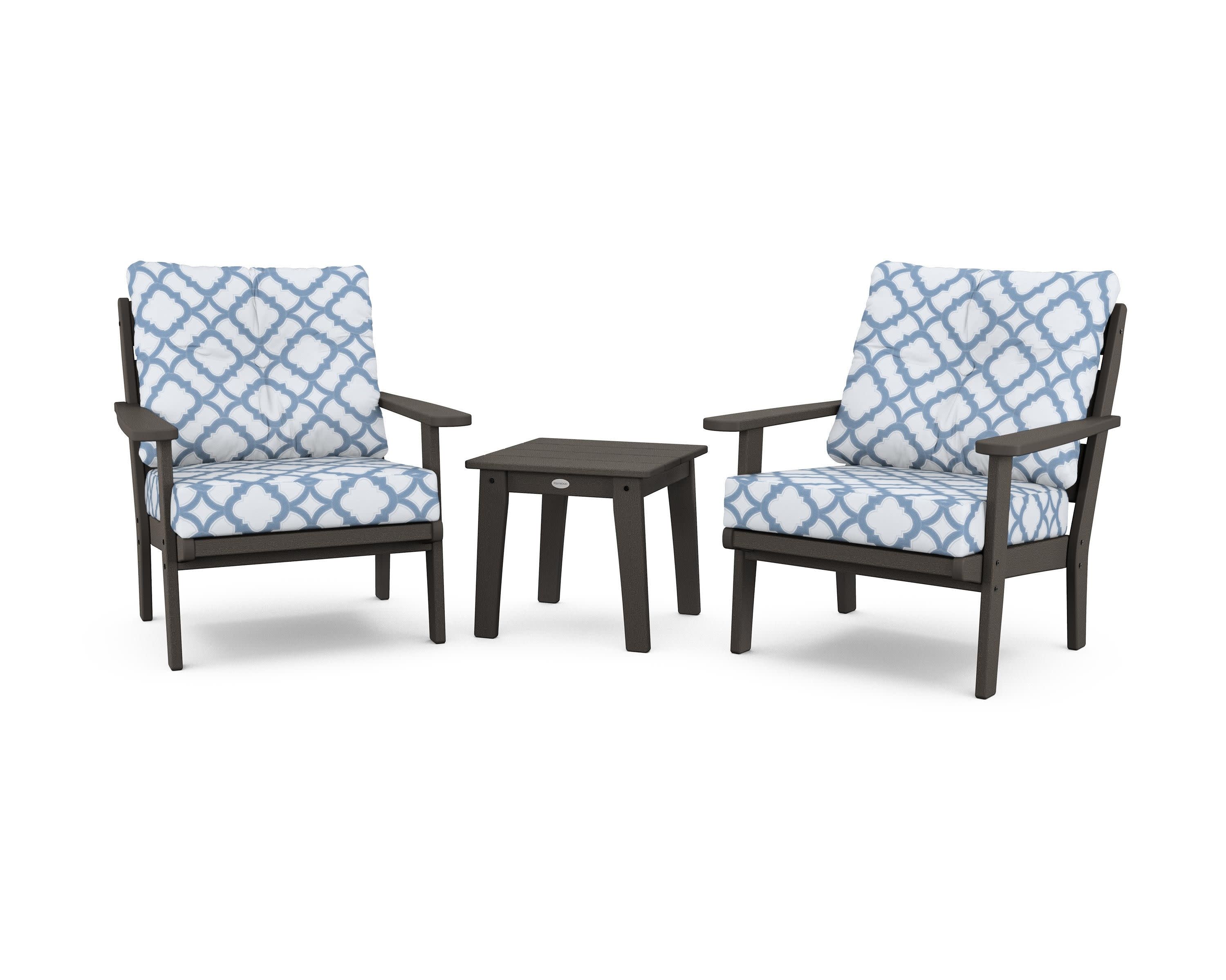 Lakeside 3-Piece Deep Seating Chair Set in Vintage Coffee / Trellis Sky Blue