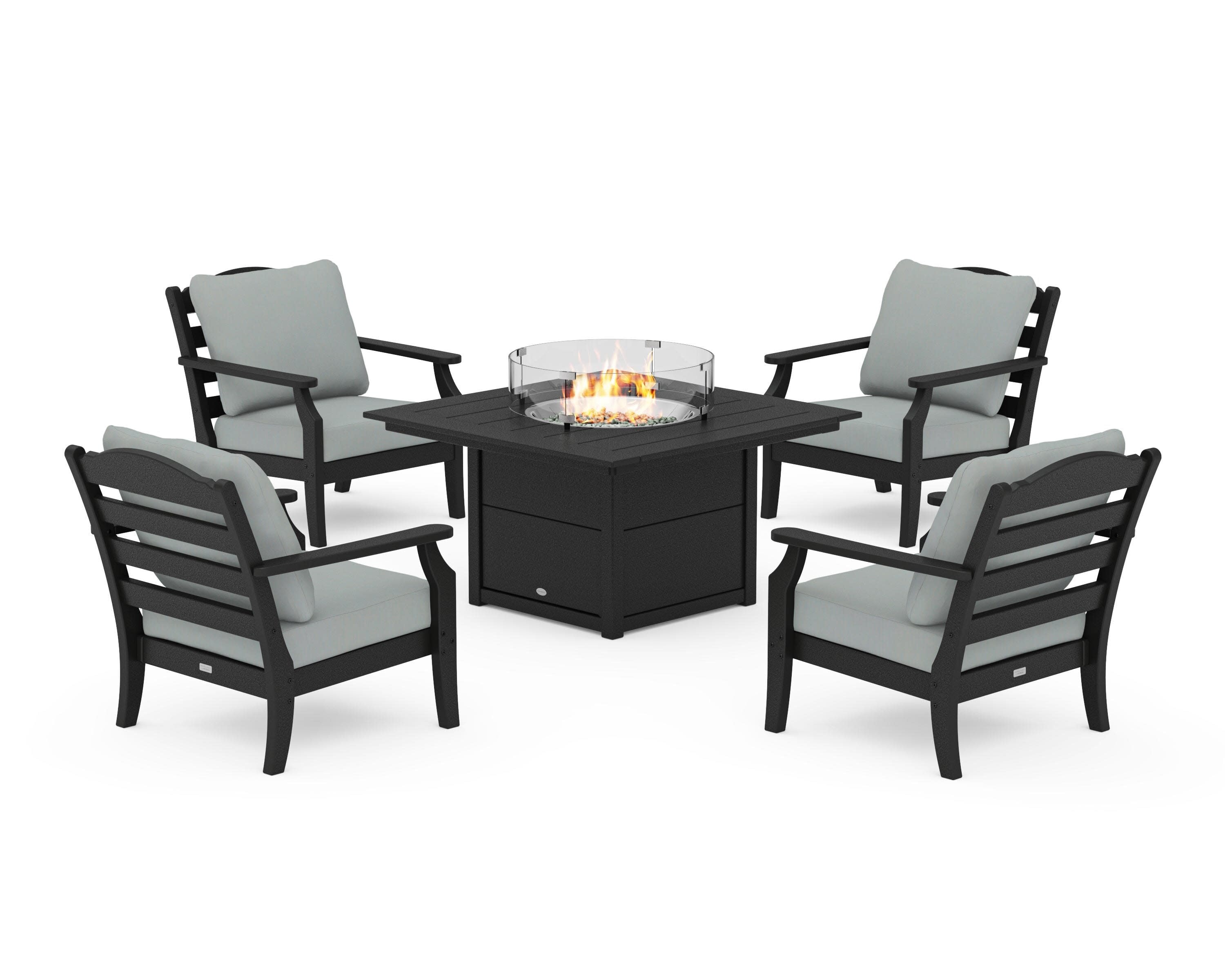 Savannah 5-Piece Deep Seating Set with Fire Pit Table in Black / Spa
