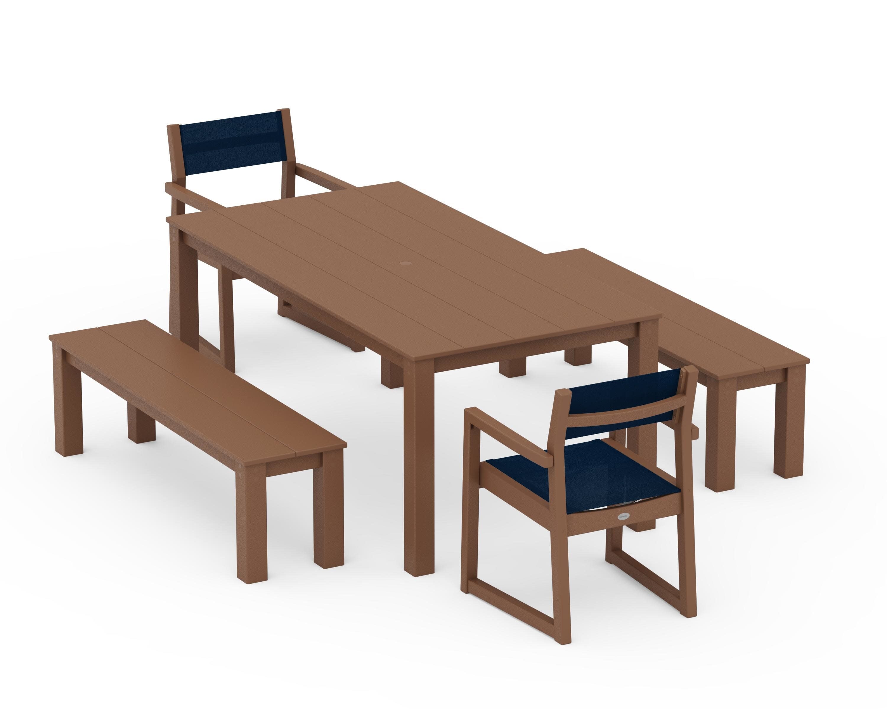 EDGE Sling Arm Chair 5-Piece Parsons Dining Set with Benches in Teak / Navy Blue Sling