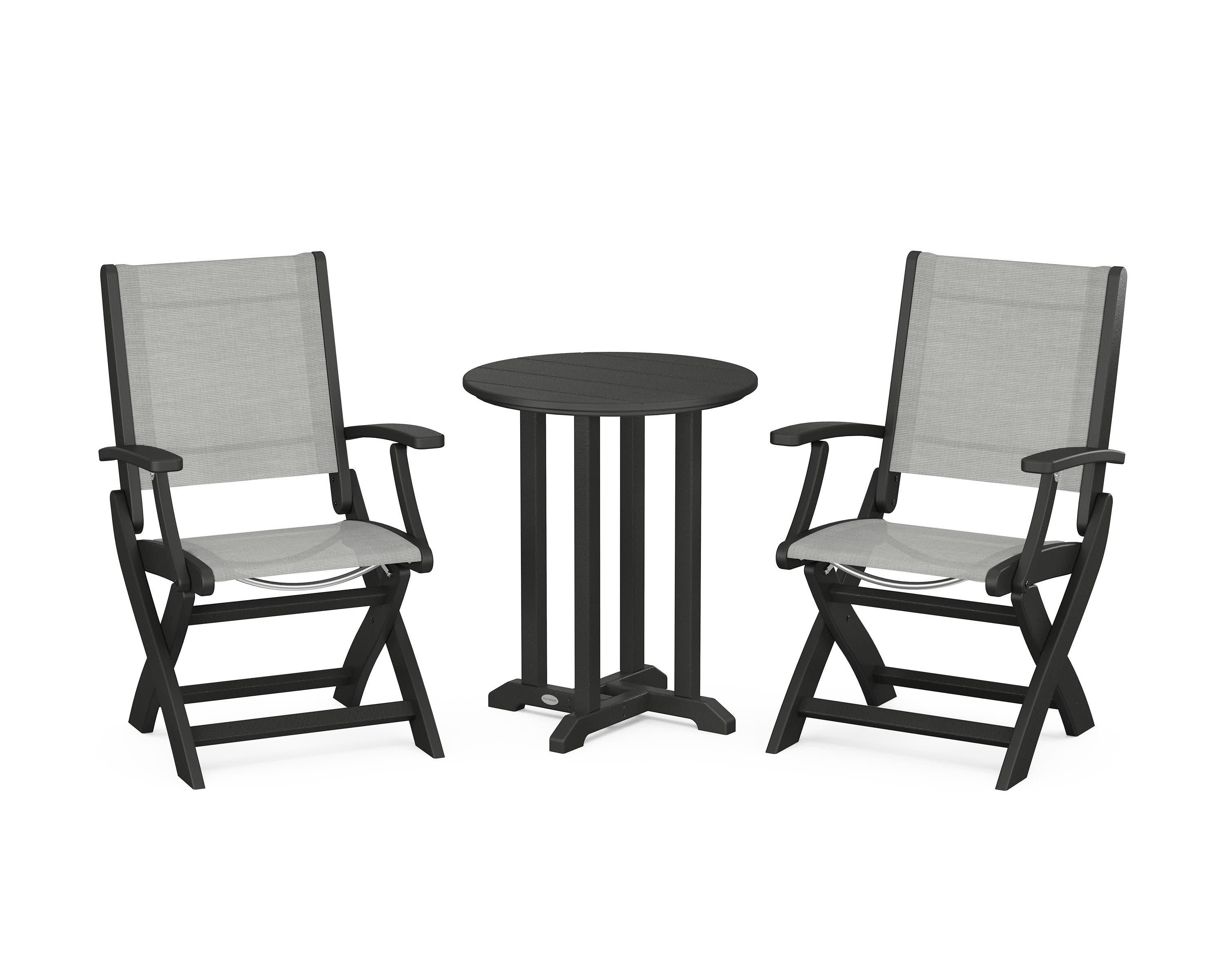 Coastal Folding 3-Piece Round Bistro Dining Set in Black / Metallic Sling