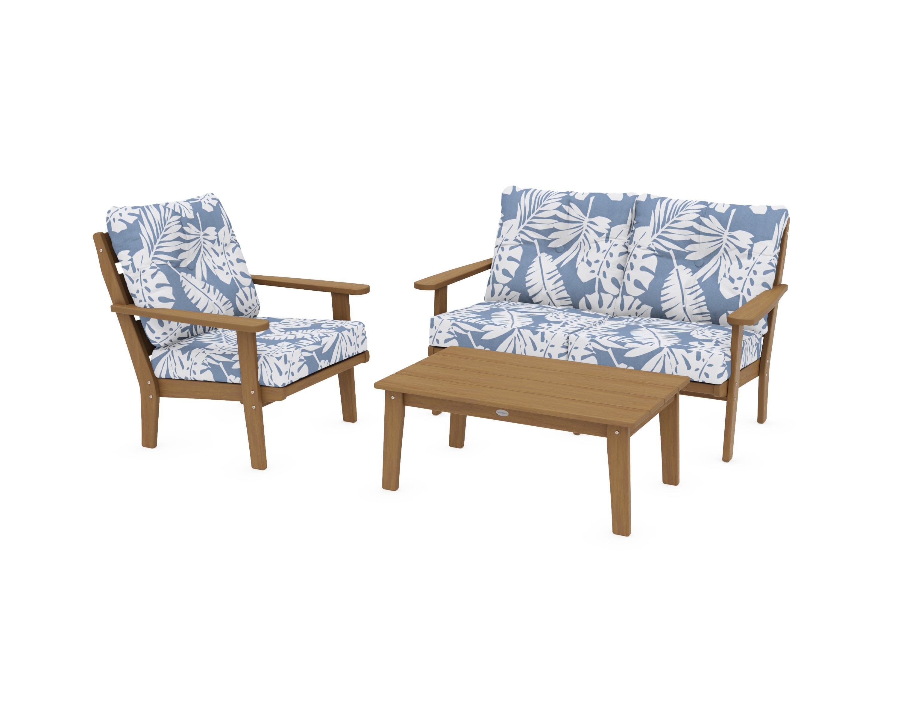 Lakeside 3-Piece Deep Seating Set in Natural / Leaf Sky Blue