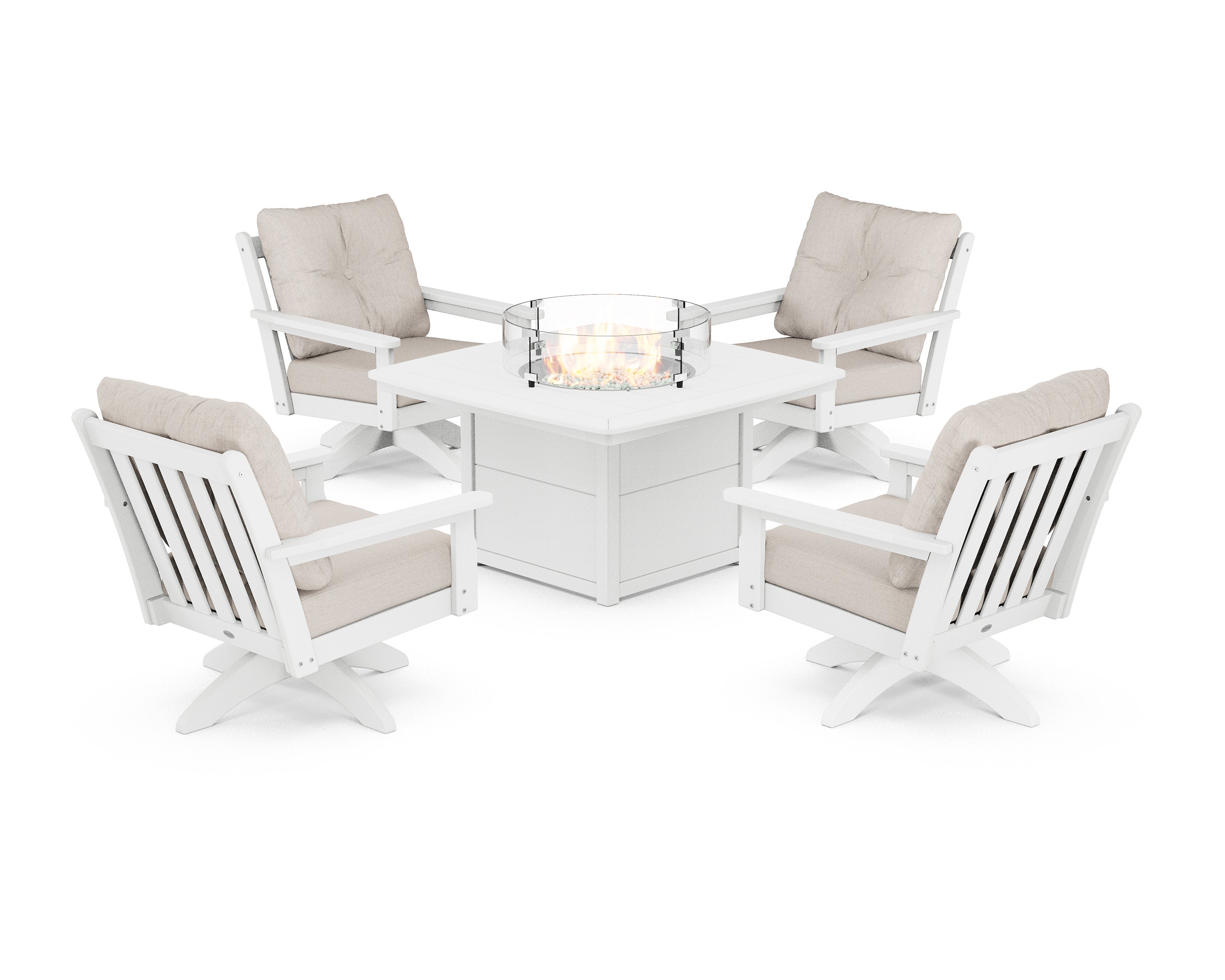 Vineyard 5-Piece Deep Seating Swivel Conversation Set with Fire Pit Table in White / Cast Ash