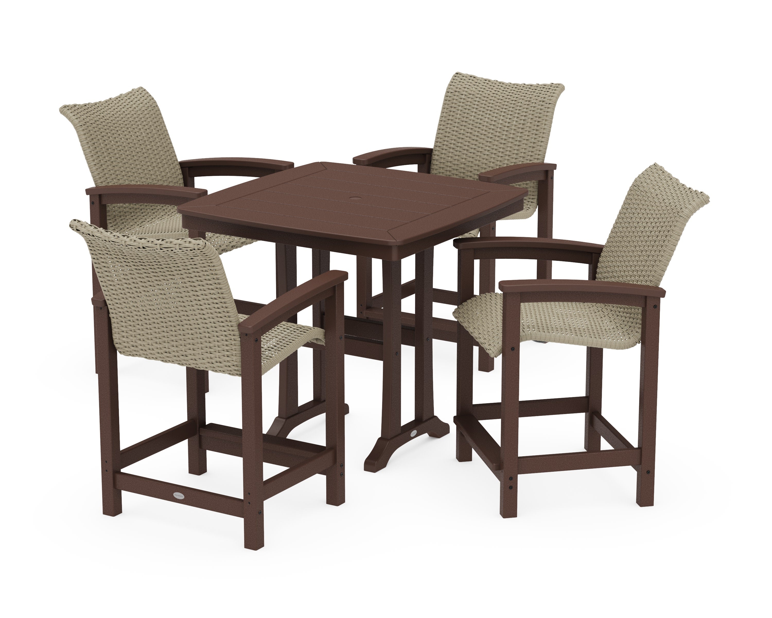 Coastal Woven 5-Piece Counter Set with Trestle Legs in Mahogany / Dune Grass