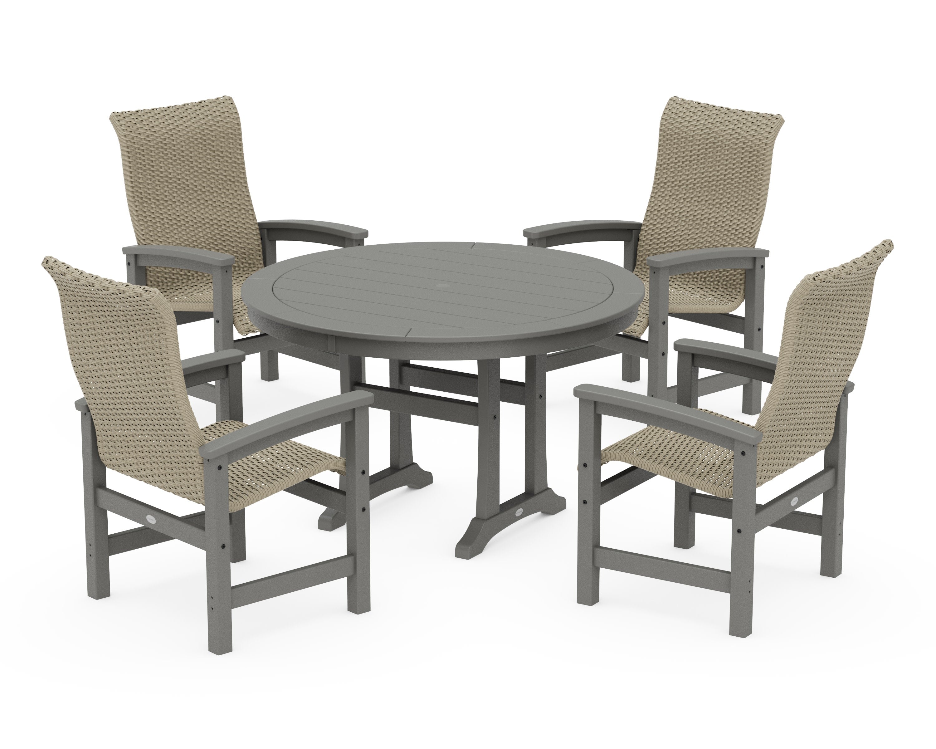 Coastal Woven High-Back 5-Piece Round Dining Set with Trestle Legs in Slate Grey / Dune Grass