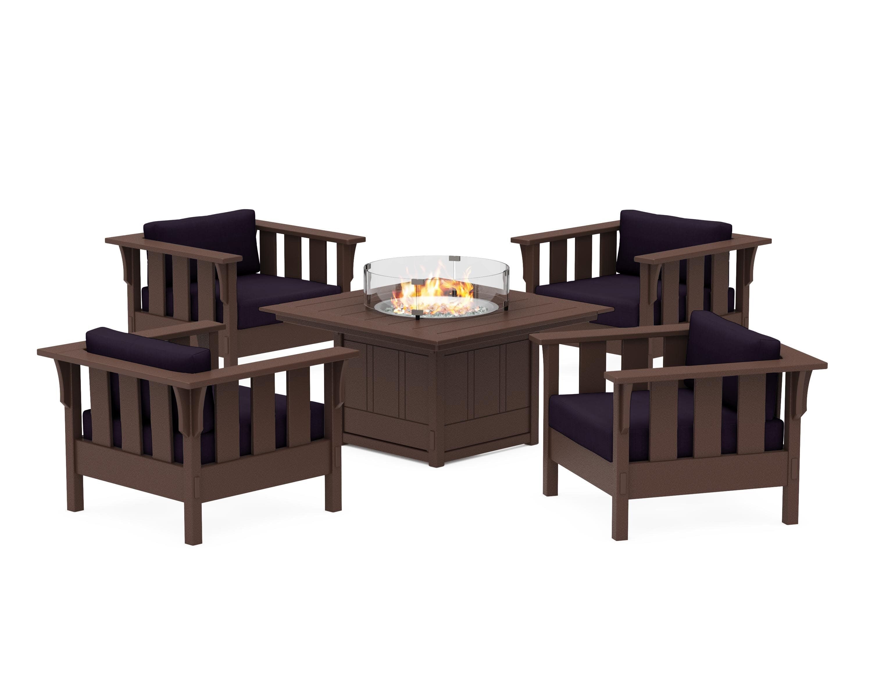 Acadia 5-Piece Deep Seating Set with Fire Pit Table in Mahogany / Navy Linen