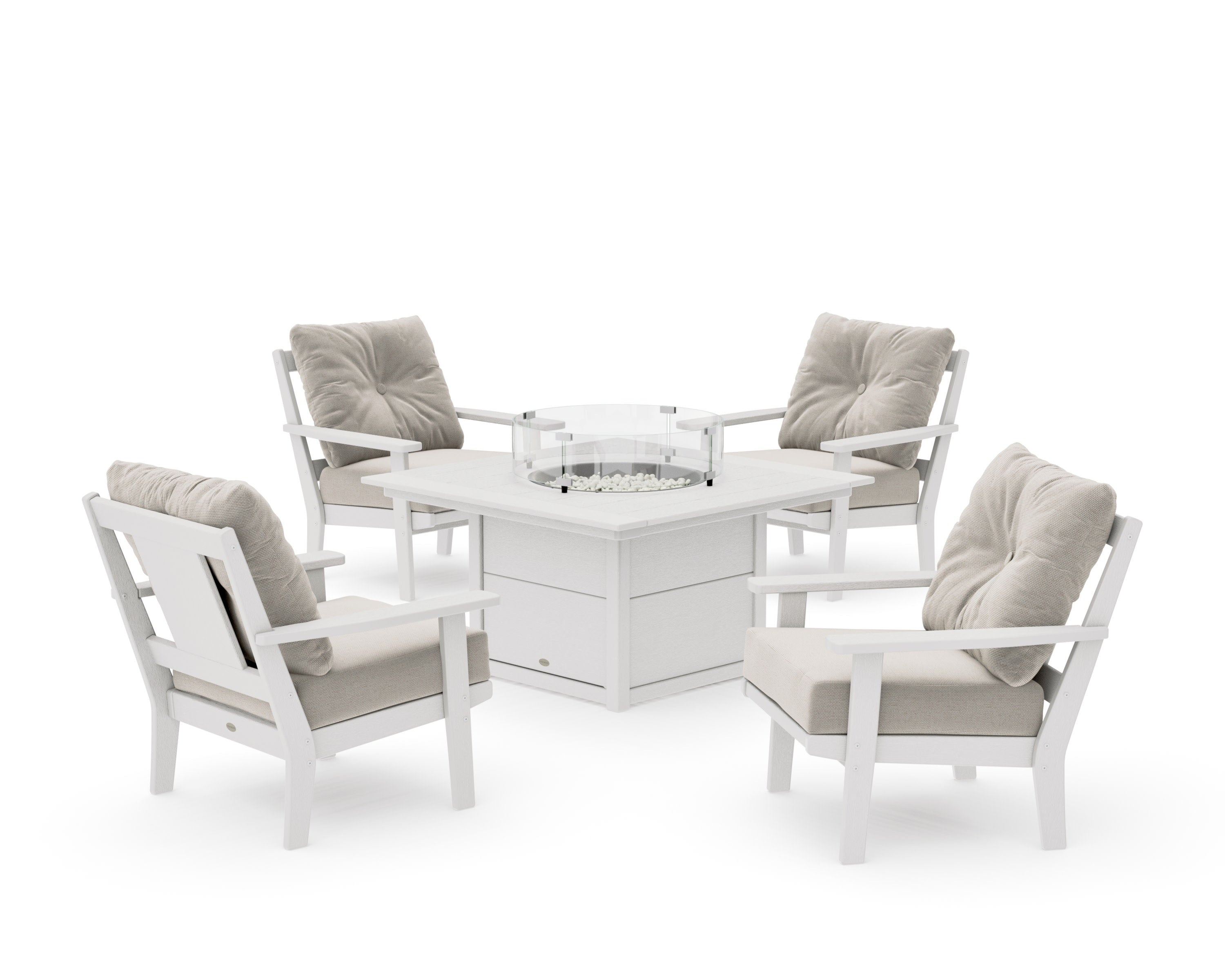 Prairie 5-Piece Deep Seating Set with Fire Pit Table in Vintage White / Dune Burlap