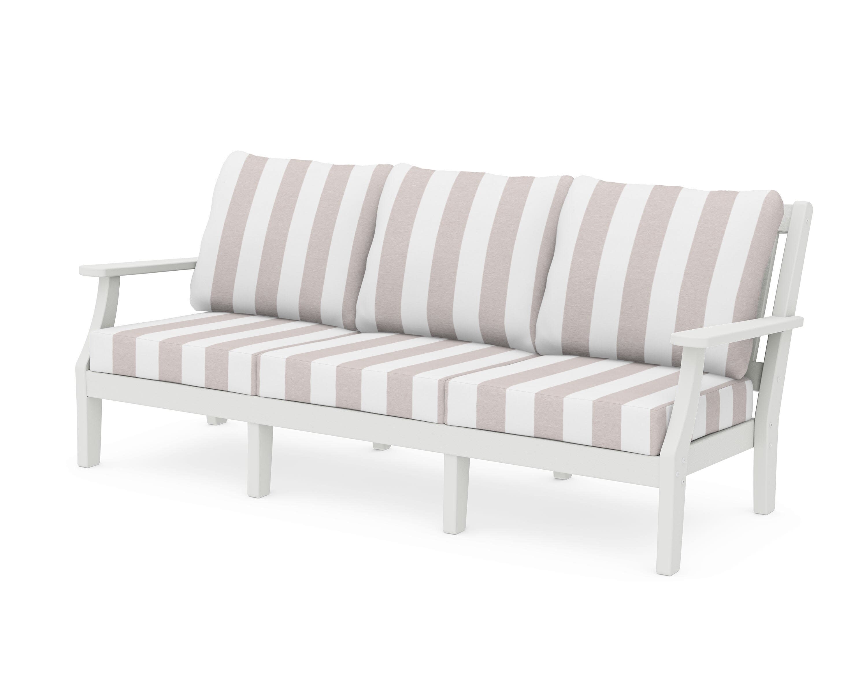 Chinoiserie Deep Seating Sofa in Vintage White / Cabana Stripe Dune Burlap