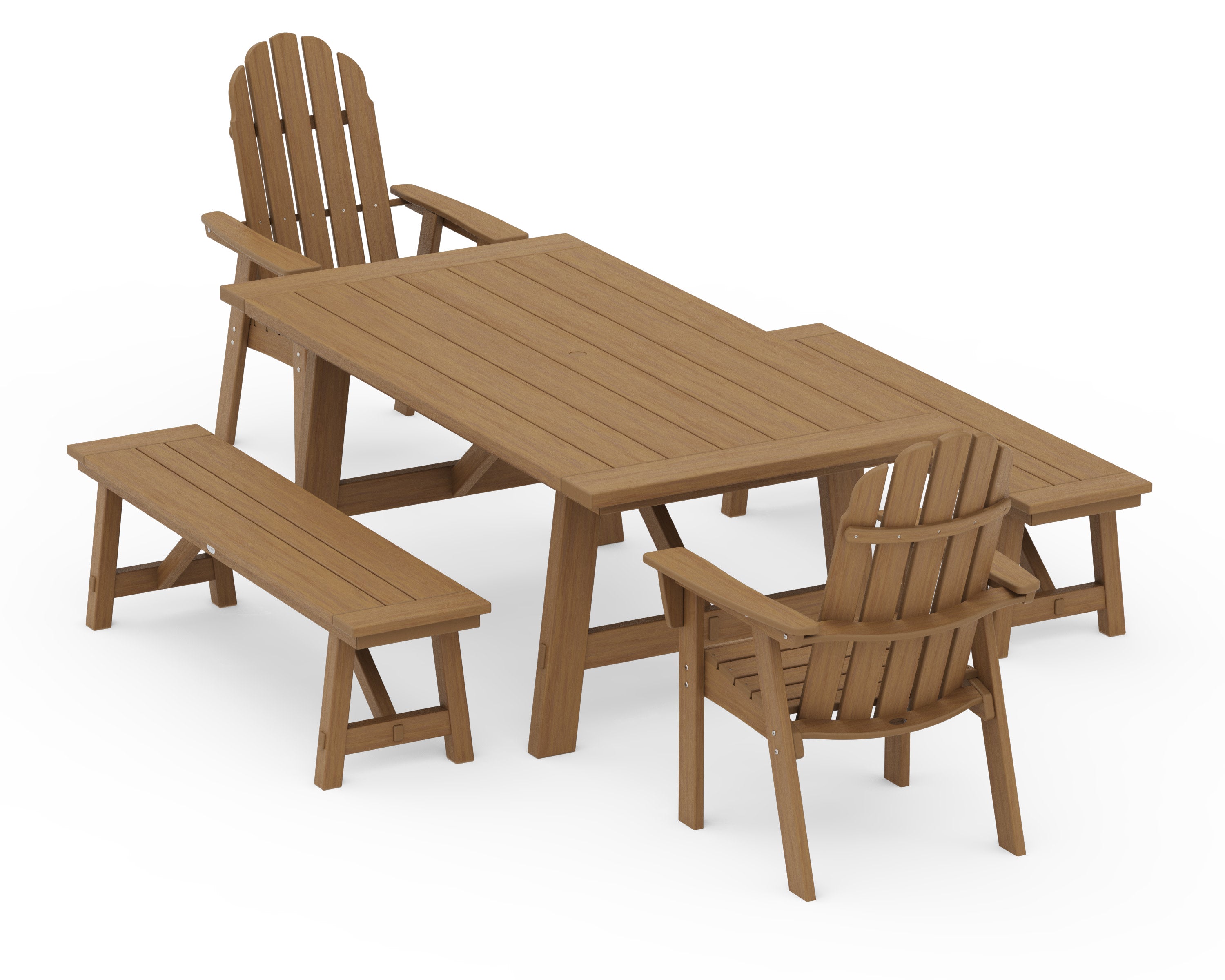 Vineyard Curveback Adirondack 5-Piece Rustic Farmhouse Dining Set With Benches in Natural