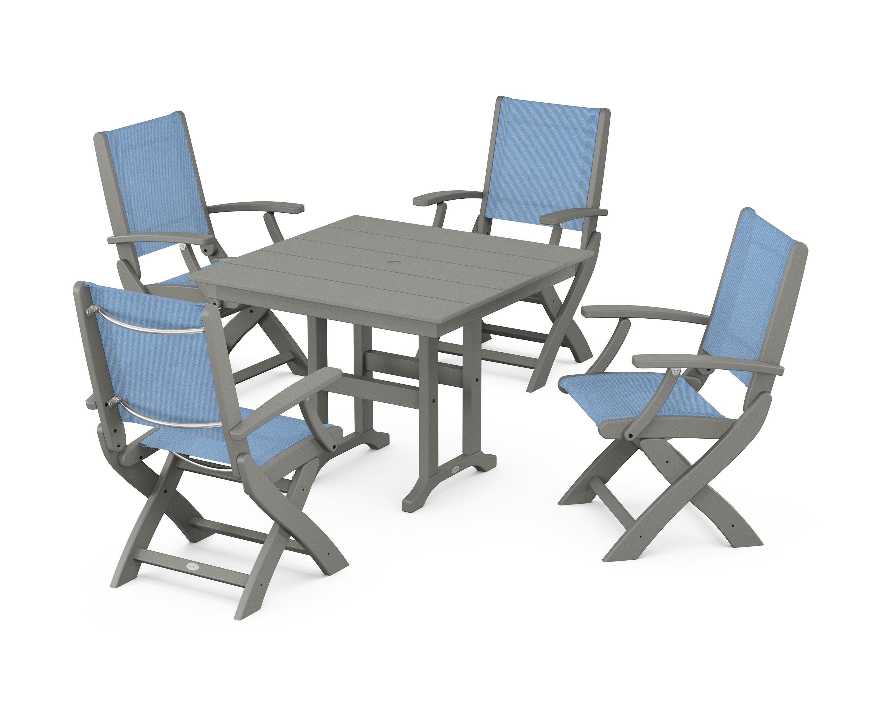 Coastal Folding Chair 5-Piece Farmhouse Dining Set in Slate Grey / Poolside Sling