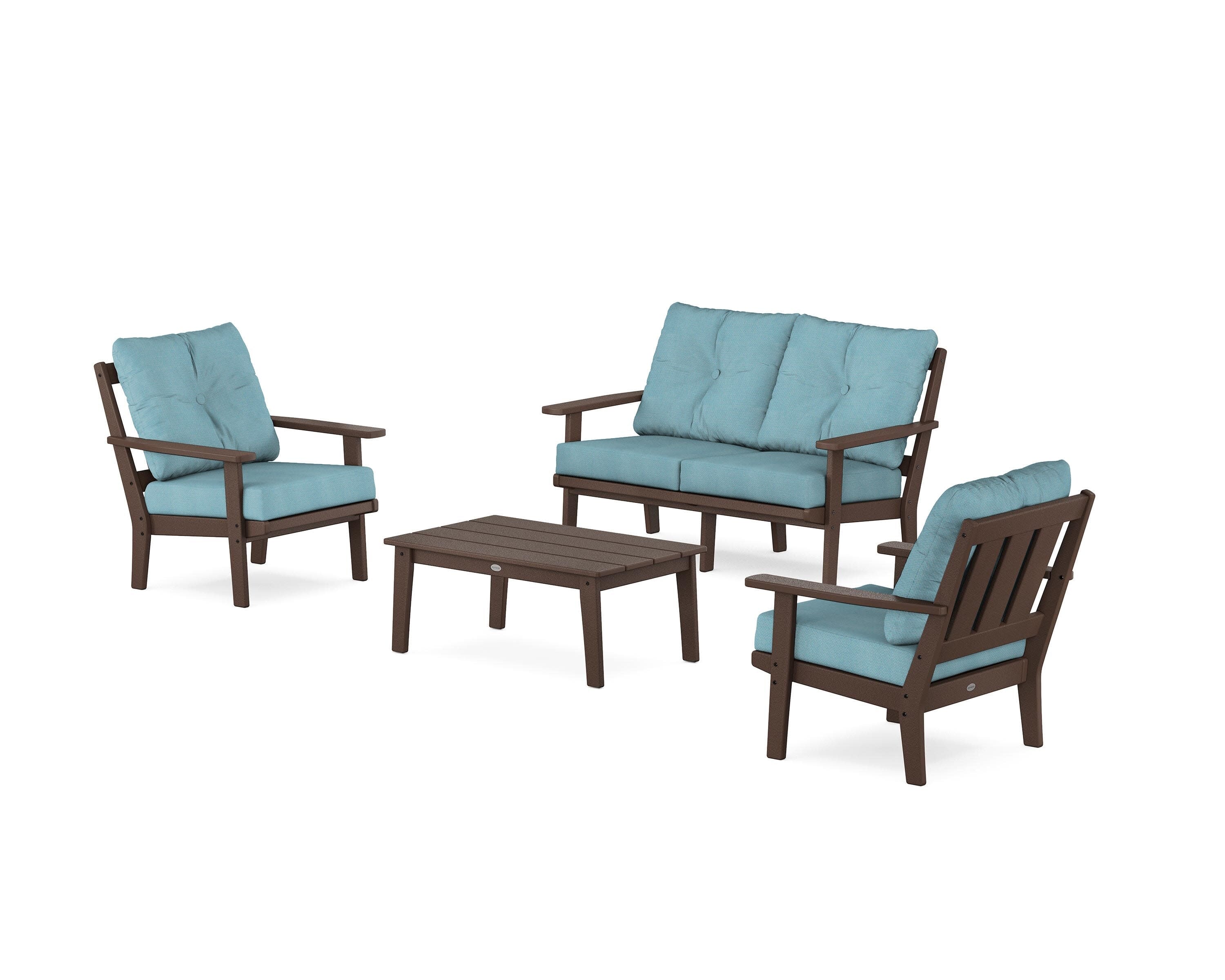 Oxford 4-Piece Deep Seating Set with Loveseat in Mahogany / Lattice Sky Blue