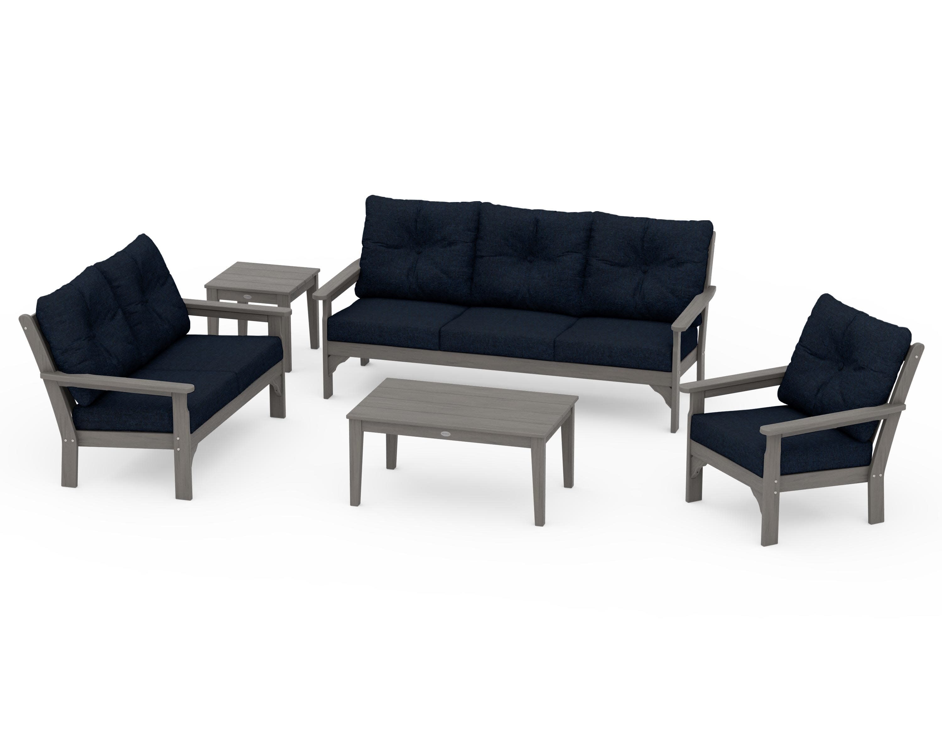 Vineyard 5 Piece Deep Seating Set in Driftwood / Marine Indigo