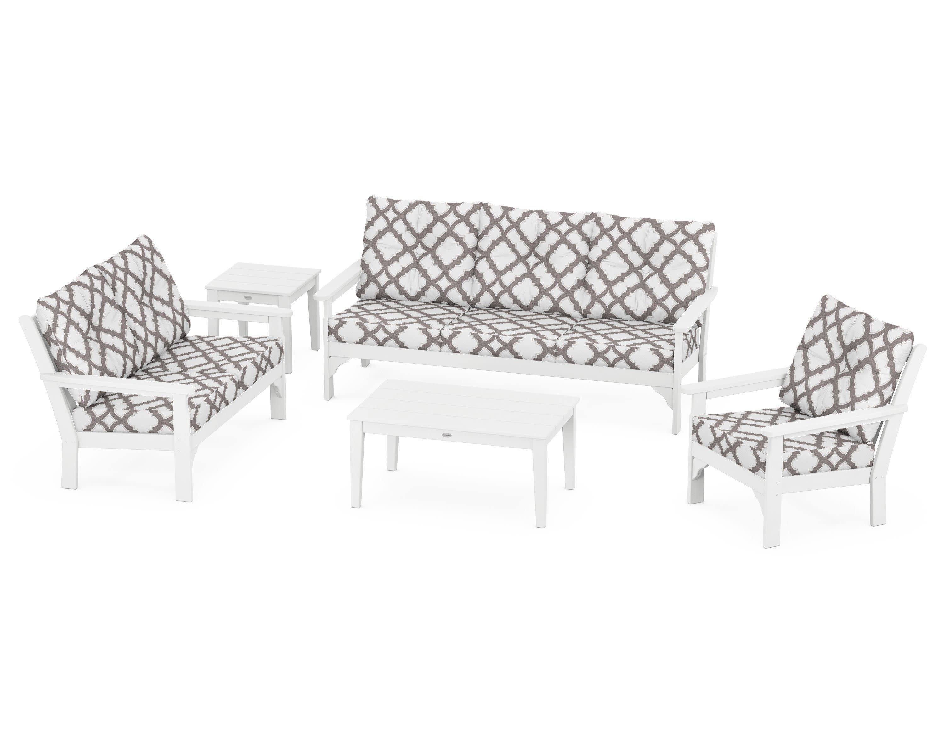 Vineyard 5 Piece Deep Seating Set in White / Trellis Grey Mist