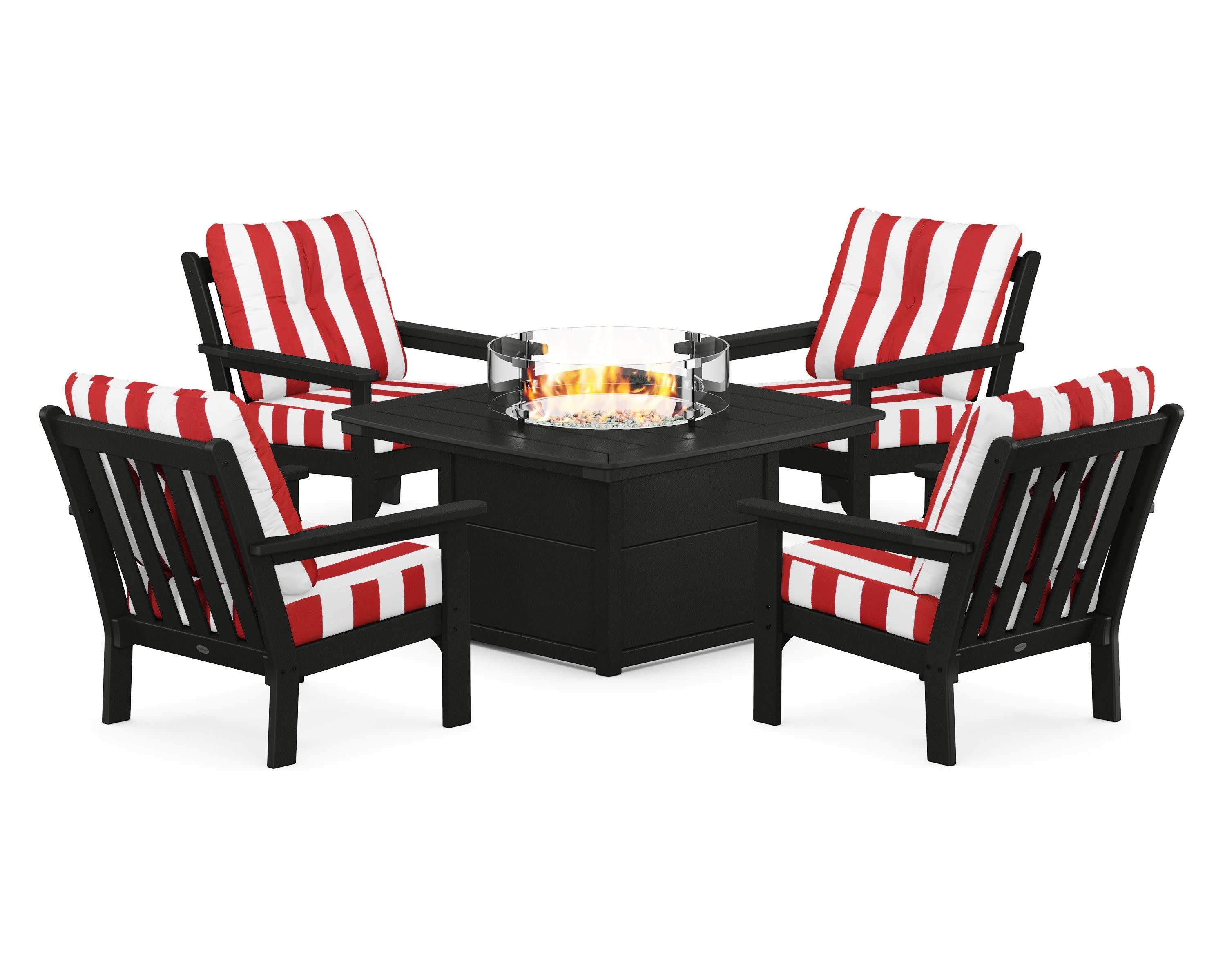 Vineyard 5-Piece Conversation Set with Fire Pit Table in Black / Cabana Stripe Crimson