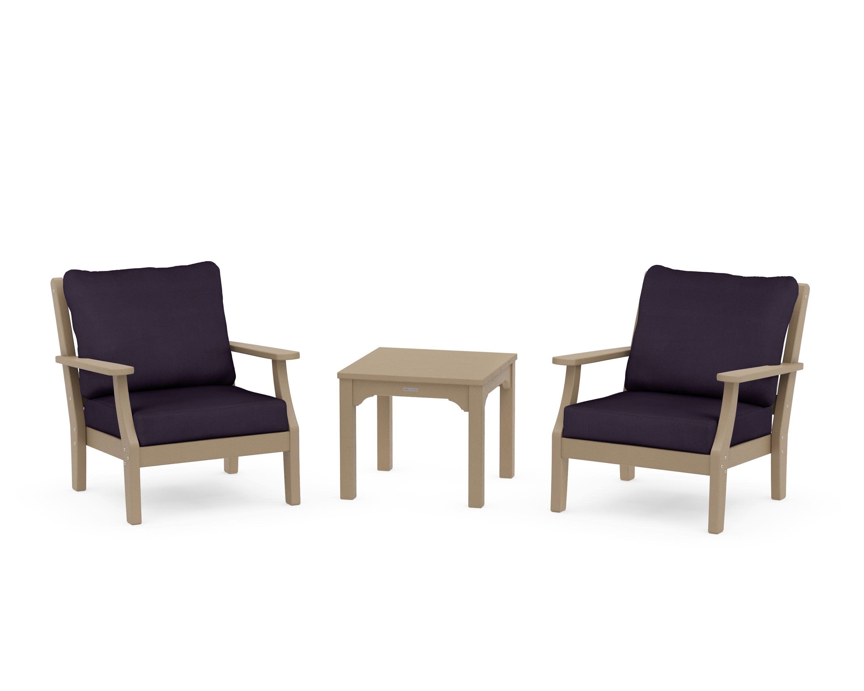 Chinoiserie 3-Piece Deep Seating Set in Vintage Sahara / Navy Linen